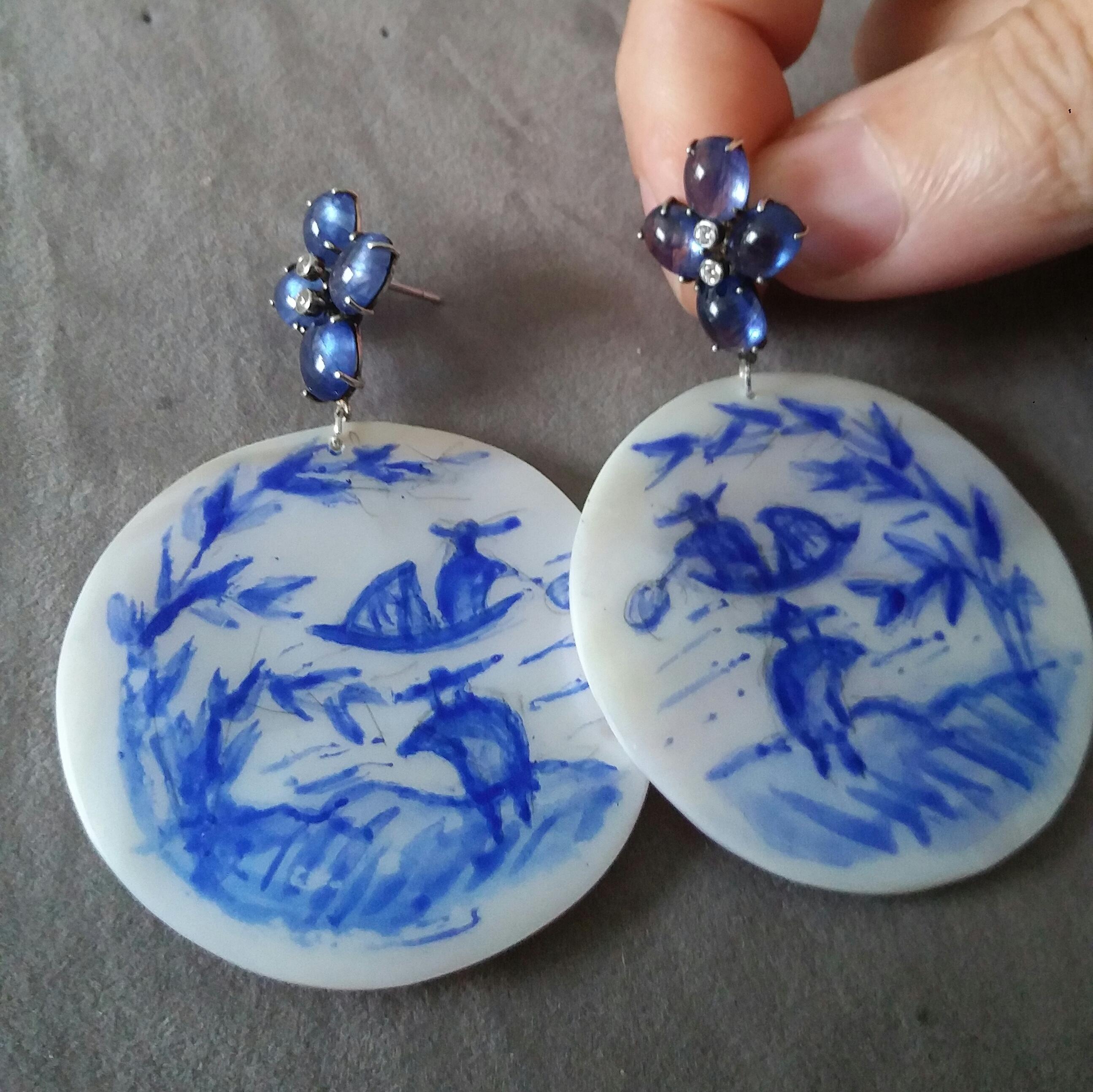 Vintage Chinese Hand Painted MotherofPearl Gold Diamonds Blue Sapphires Earrings For Sale 2