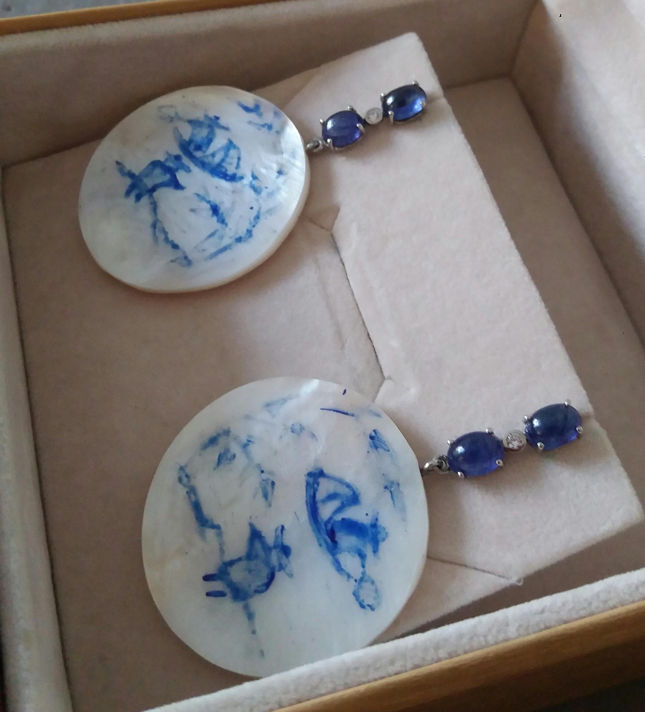 Vintage Chinese Hand Painted Motherofpearl Gold Diamonds Blue Sapphires Earrings For Sale 3