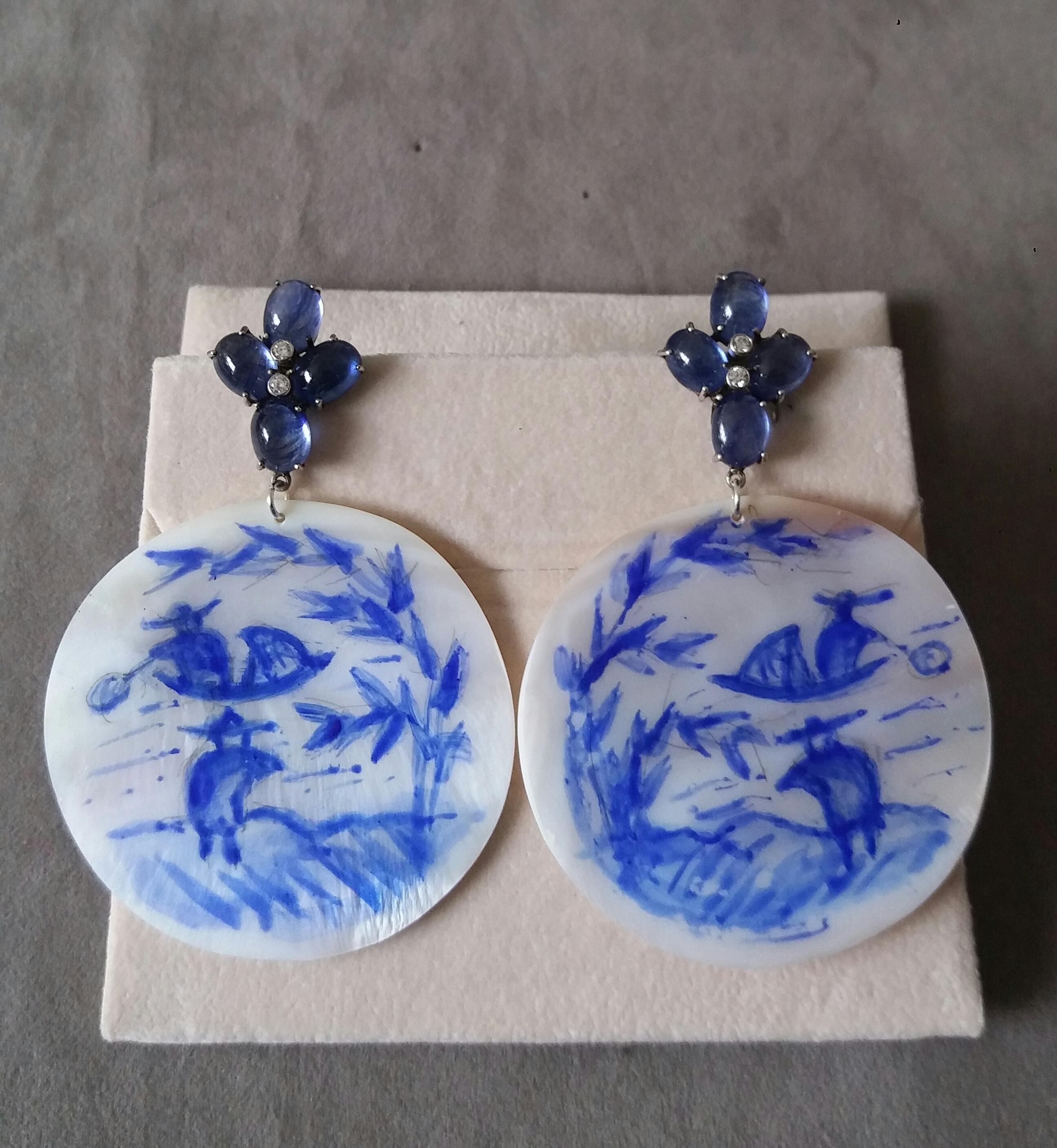 Vintage Chinese Hand Painted MotherofPearl Gold Diamonds Blue Sapphires Earrings For Sale 3