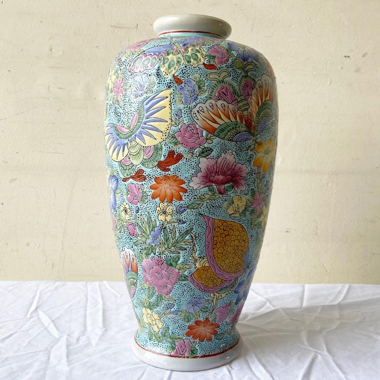Vintage Chinese Hand Painted Multi Colored Vase For Sale at 1stDibs