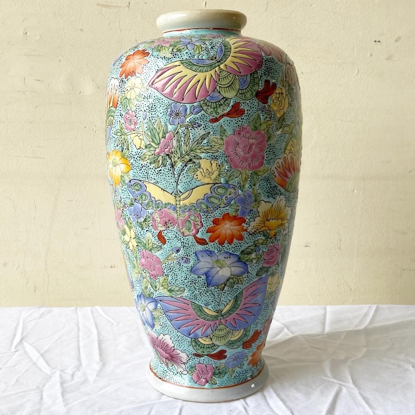 Vintage Chinese Hand Painted Multi Colored Vase For Sale at 1stDibs