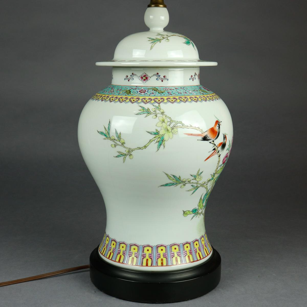 Vintage Chinese Hand Painted Porcelain Floral Garden Ginger Jar Table Lamp 1