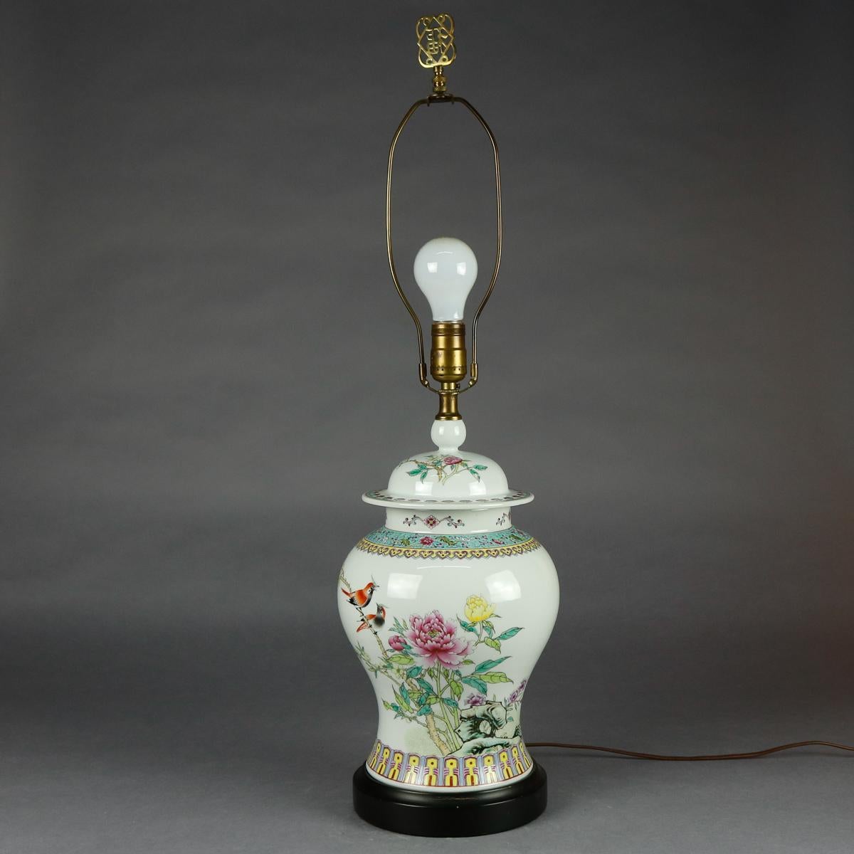 Vintage Chinese Hand Painted Porcelain Floral Garden Ginger Jar Table Lamp 3