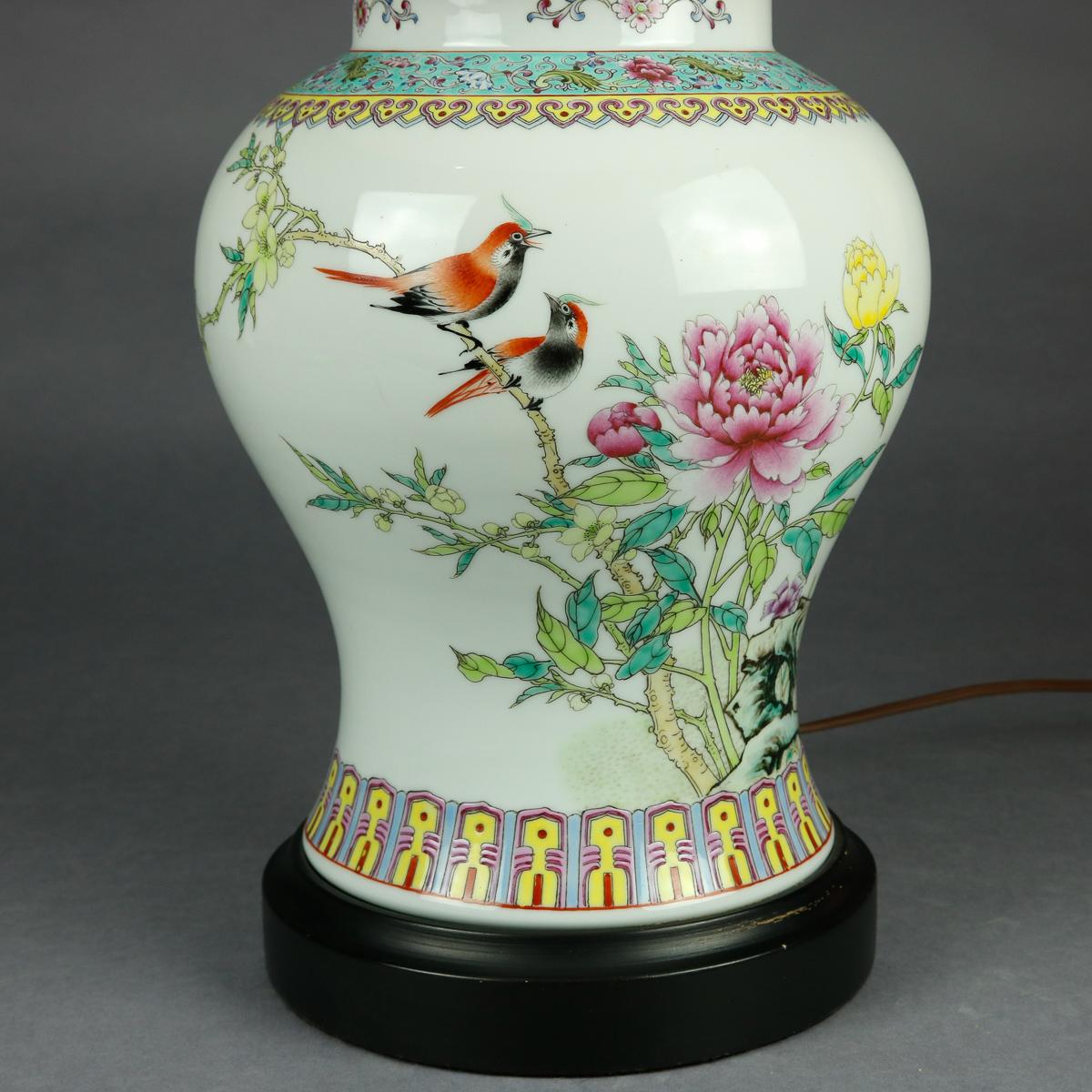 Enameled Vintage Chinese Hand Painted Porcelain Floral Garden Ginger Jar Table Lamp