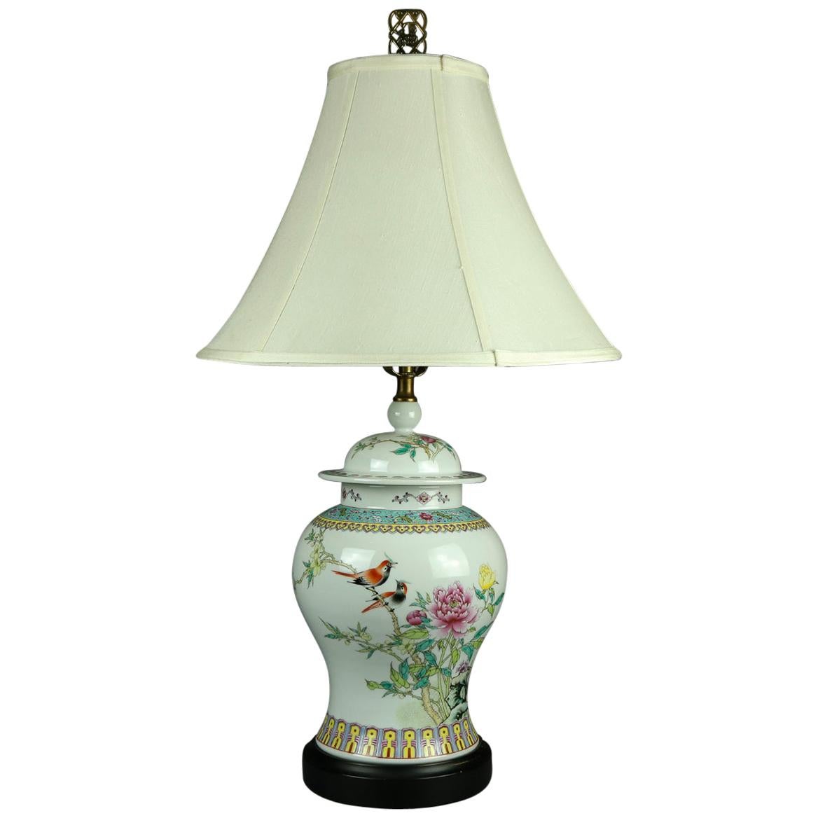 Vintage Chinese Hand Painted Porcelain Floral Garden Ginger Jar Table Lamp