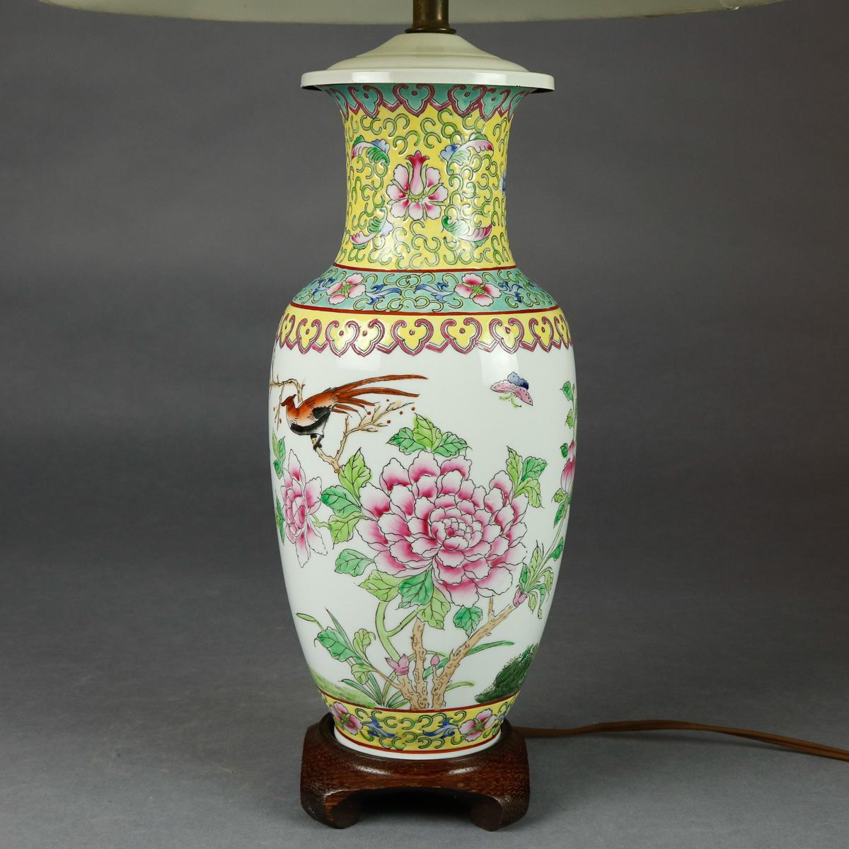 Enameled Vintage Chinese Hand Painted Porcelain Floral Garden Vase Table Lamp