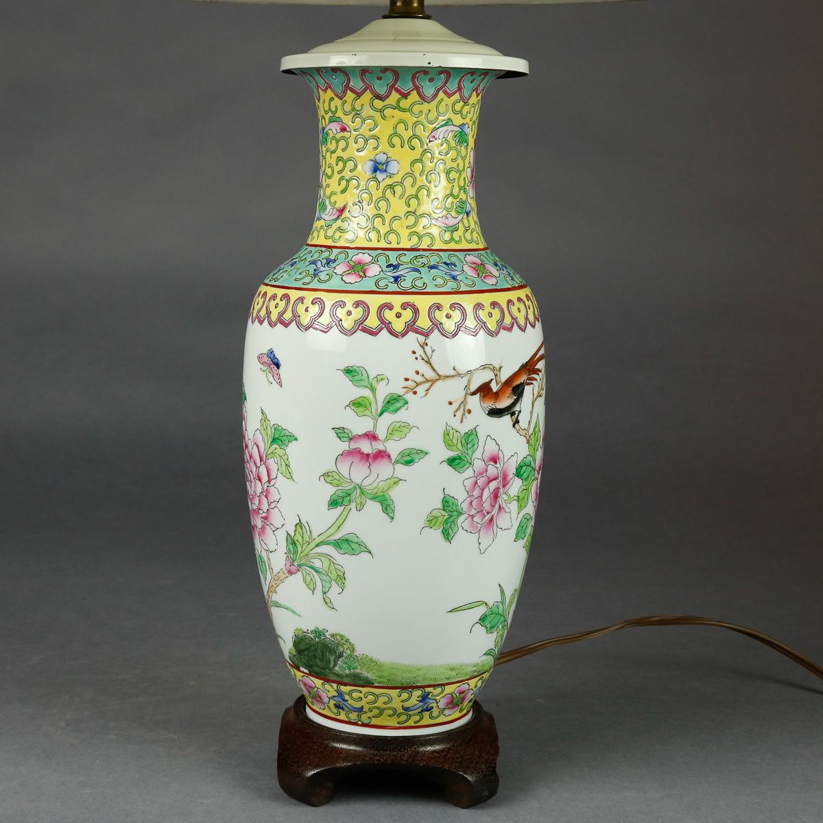 Vintage Chinese Hand Painted Porcelain Floral Garden Vase Table Lamp In Good Condition In Big Flats, NY