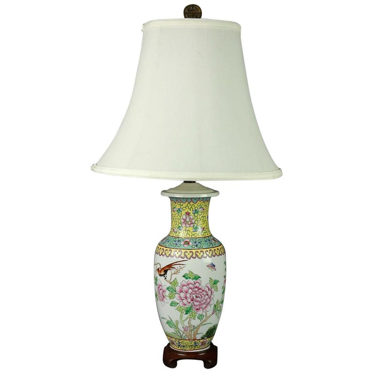 Vintage Chinese Hand Painted Porcelain Floral Garden Vase Table Lamp at 1stDibs | floral porcelain table lamps, vintage chinese lamp, chinese table lamp