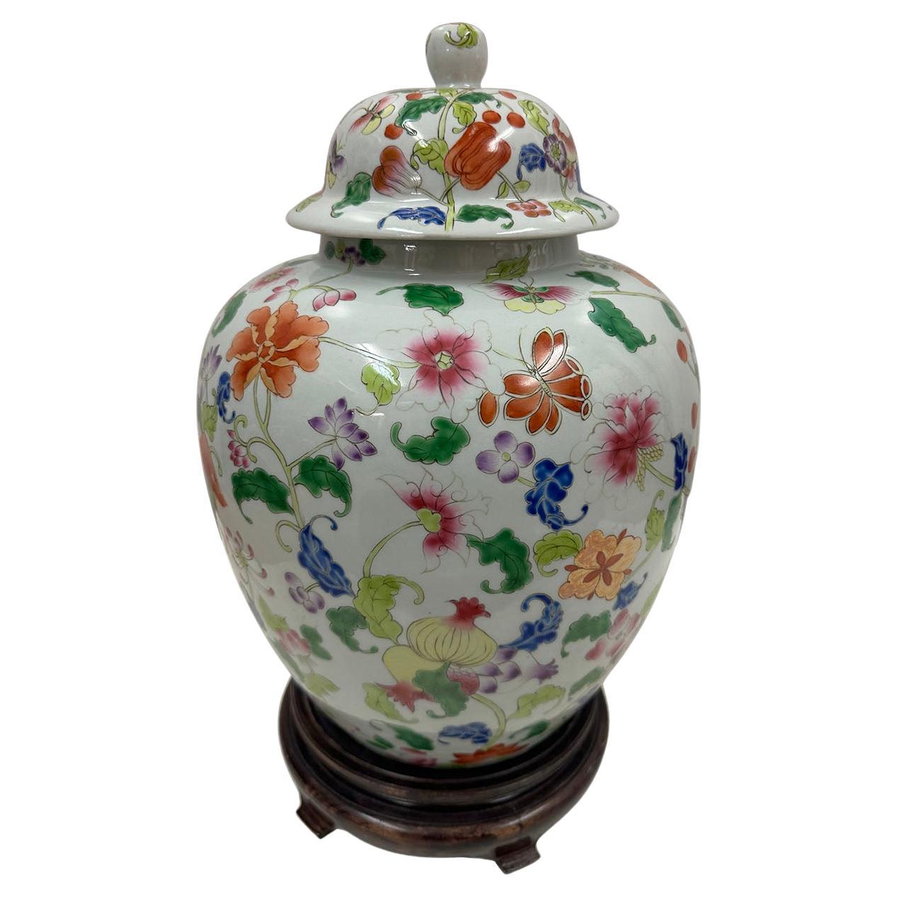 Vintage Chinese Hand Painted Porcelain Floral Ginger Jar