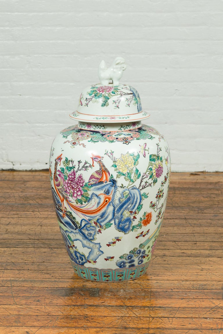 Vintage Chinese Hand Painted Porcelain Palace Jar, circa 1960 with Phoenix Motif For Sale at