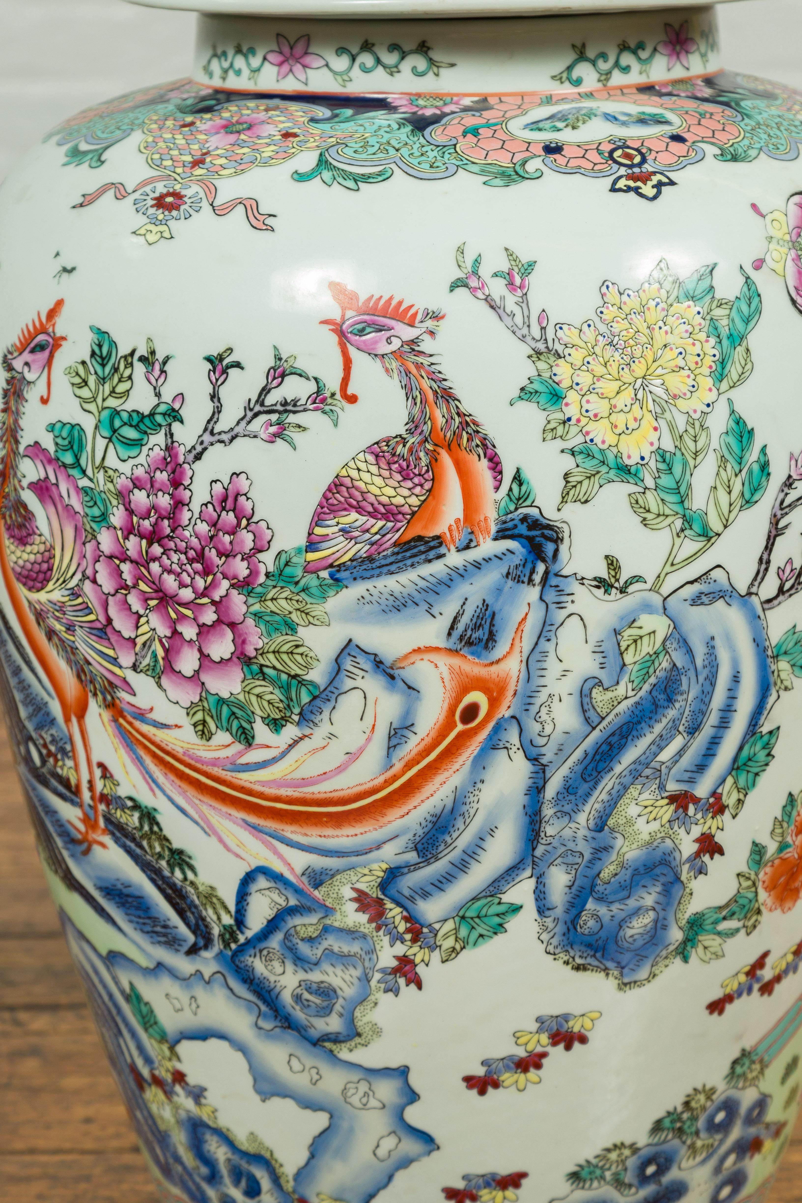 Hand-Painted Vintage Chinese Hand Painted Porcelain Palace Jar, circa 1960 with Phoenix Motif For Sale