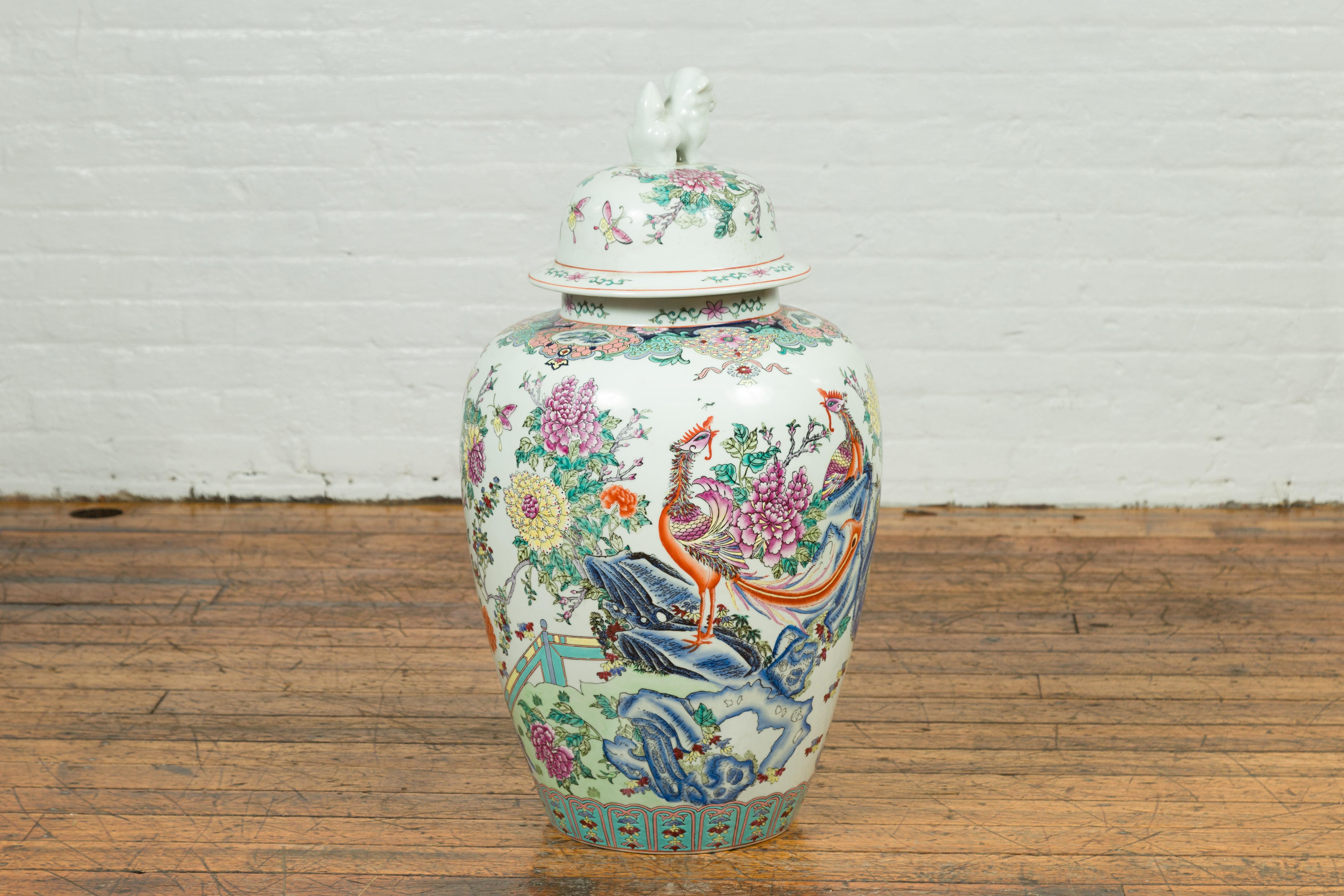 Vintage Chinese Hand Painted Porcelain Palace Jar, circa 1960 with Phoenix Motif In Good Condition For Sale In Yonkers, NY