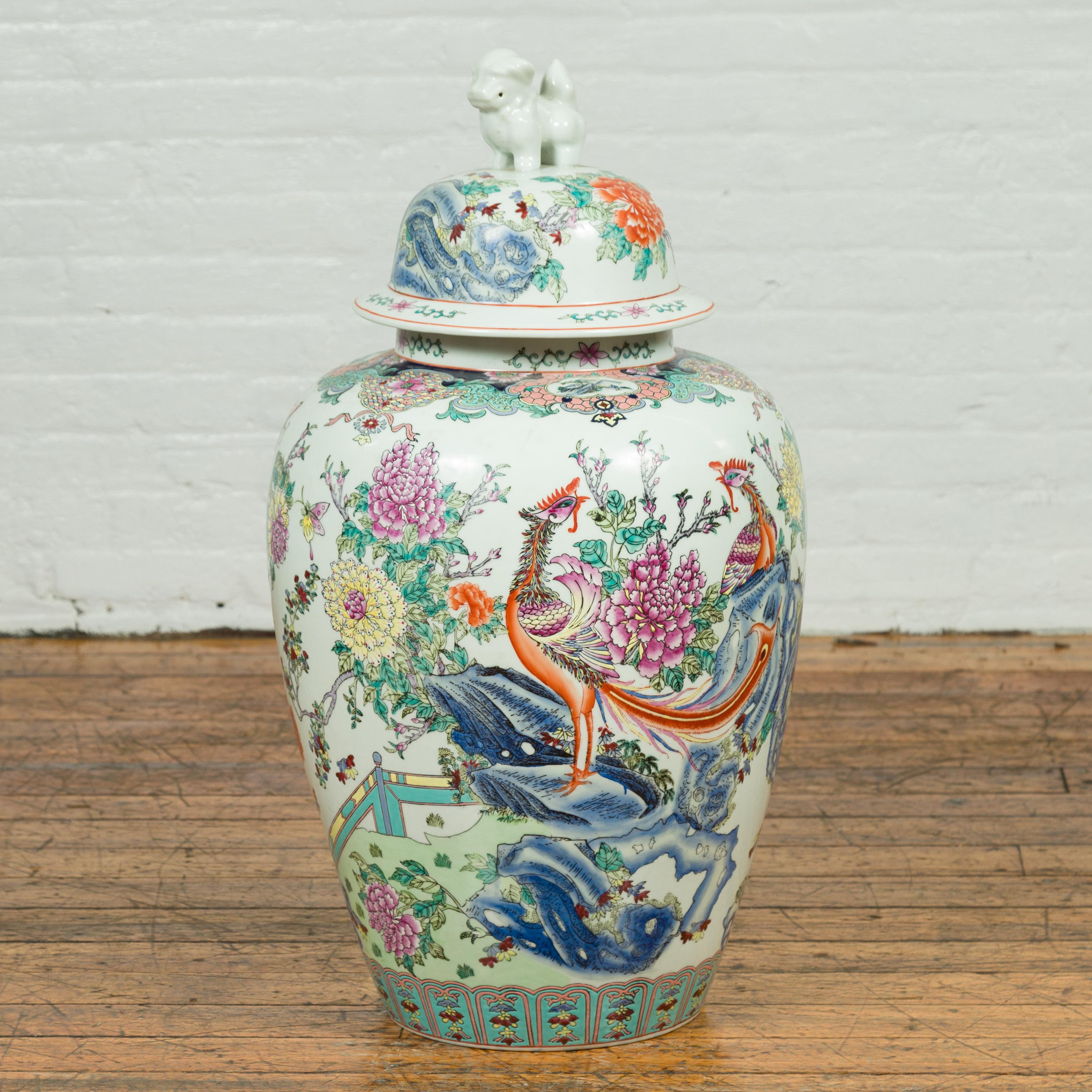 20th Century Vintage Chinese Hand Painted Porcelain Palace Jar, circa 1960 with Phoenix Motif For Sale