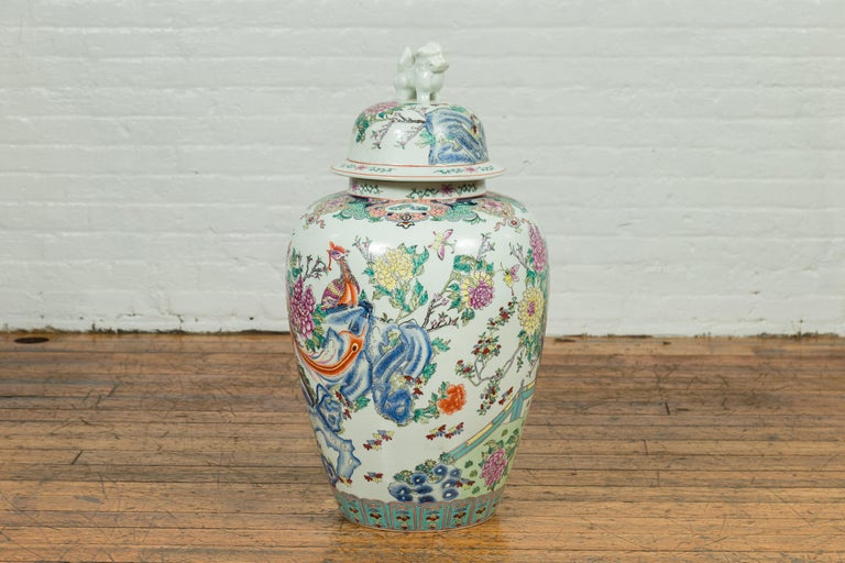 Vintage Chinese Hand Painted Porcelain Palace Jar, circa 1960 with Phoenix Motif For Sale at