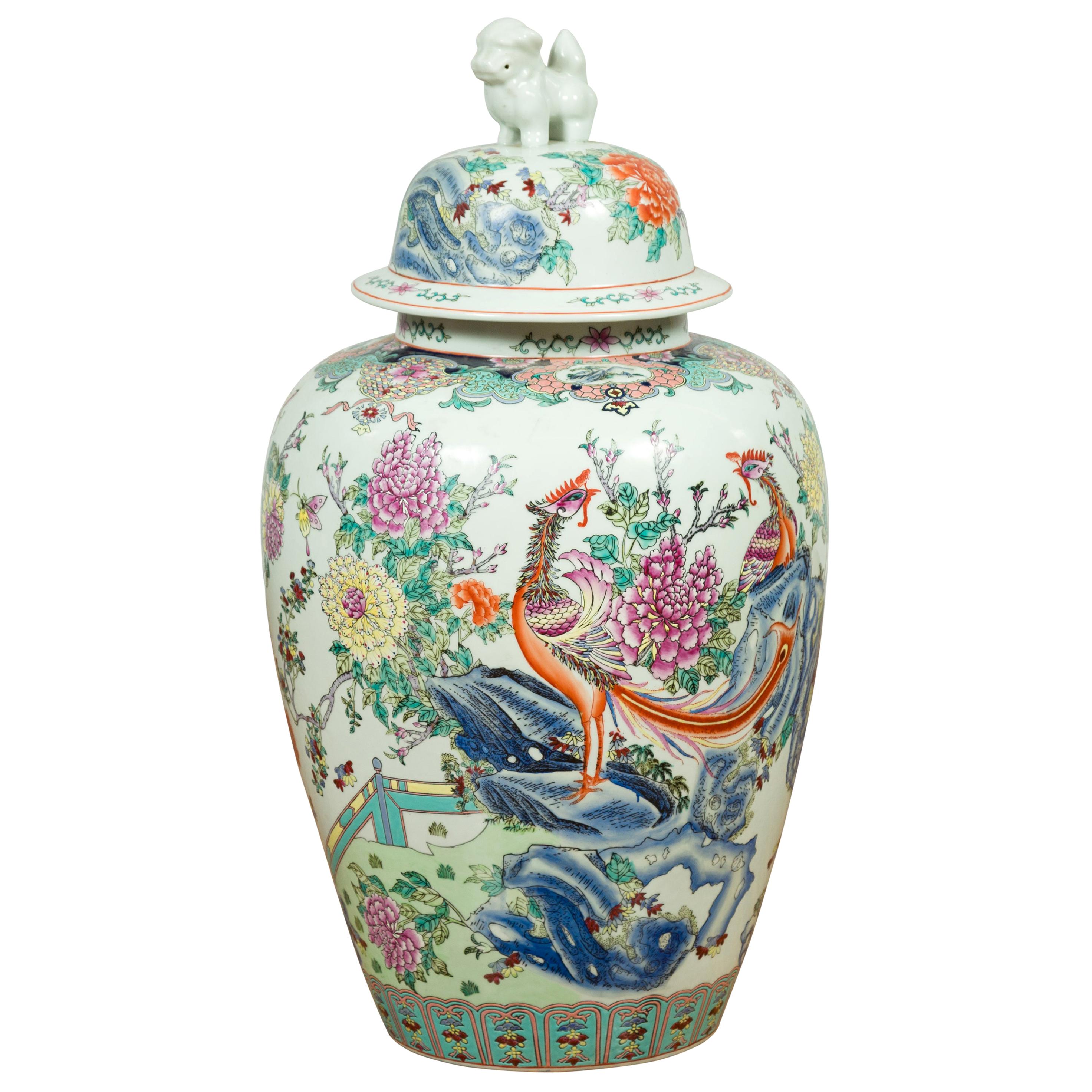 Vintage Chinese Hand Painted Porcelain Palace Jar, circa 1960 with Phoenix Motif