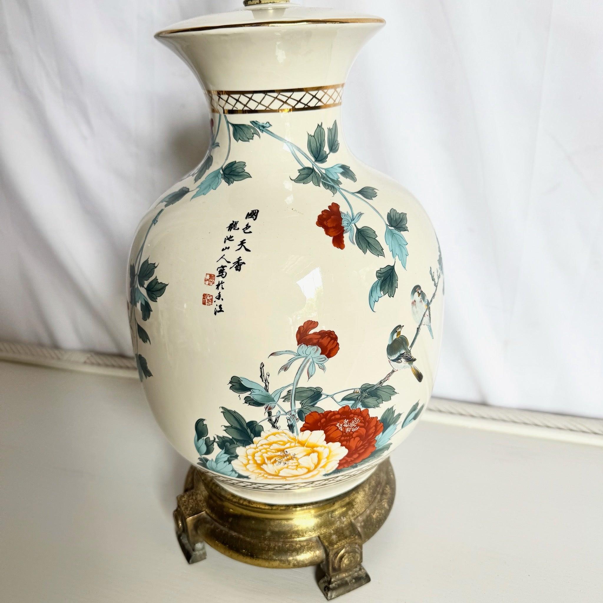 Vintage Chinese Hand Painted Porcelain Lamp with cream-glaze, vibrant peonies, calligraphy, and brass base—a refined accent for cultured interiors.
 

 We sell items as acquired, without restoring or repairing. Vintage pieces may have age-related