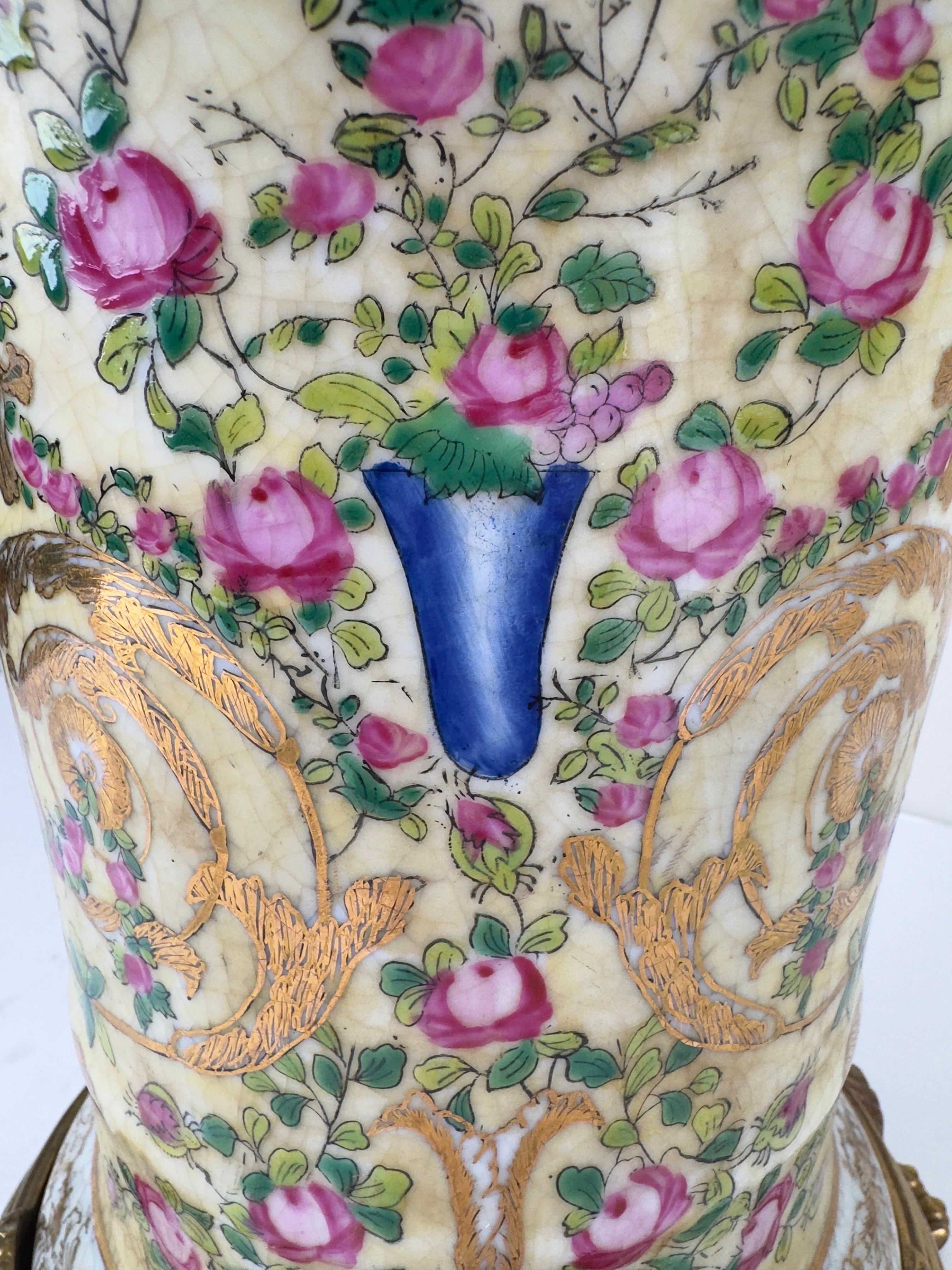 Vintage Chinese Hand-painted Porcelain Vase or Planter with Bronze Base, a Pair For Sale 4