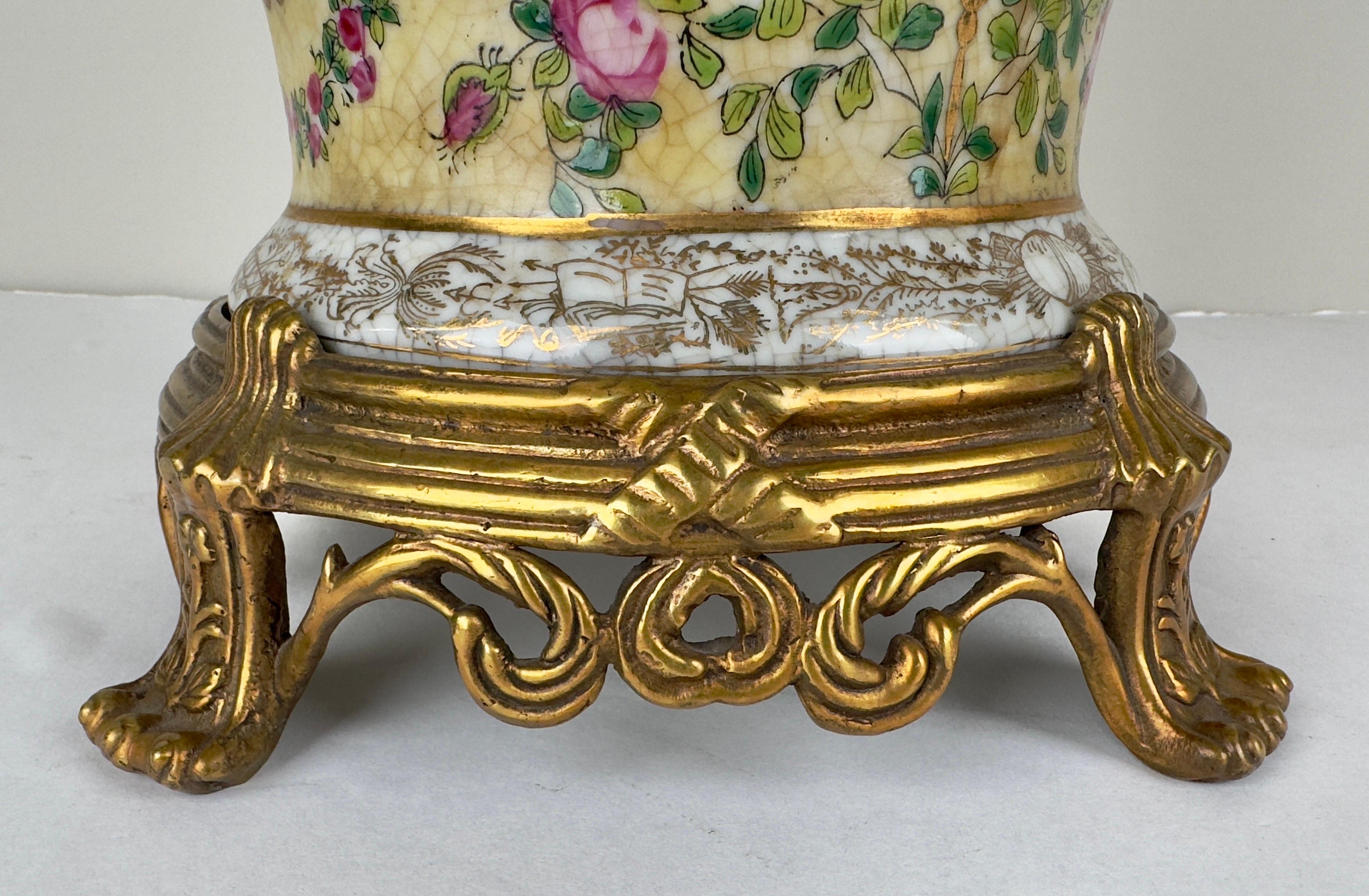 Hand-Crafted Vintage Chinese Hand-painted Porcelain Vase or Planter with Bronze Base, a Pair For Sale