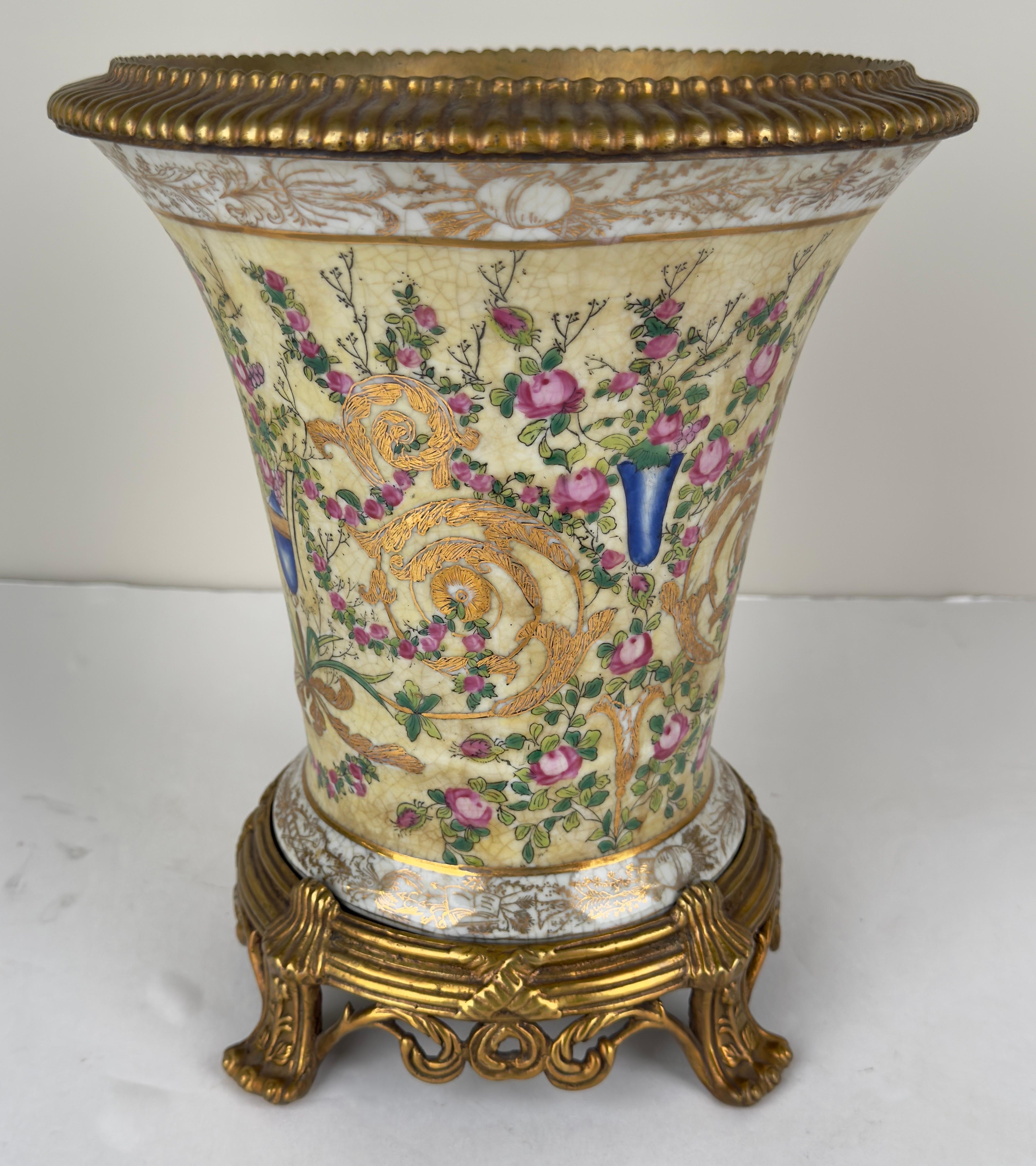 20th Century Vintage Chinese Hand-painted Porcelain Vase or Planter with Bronze Base, a Pair For Sale