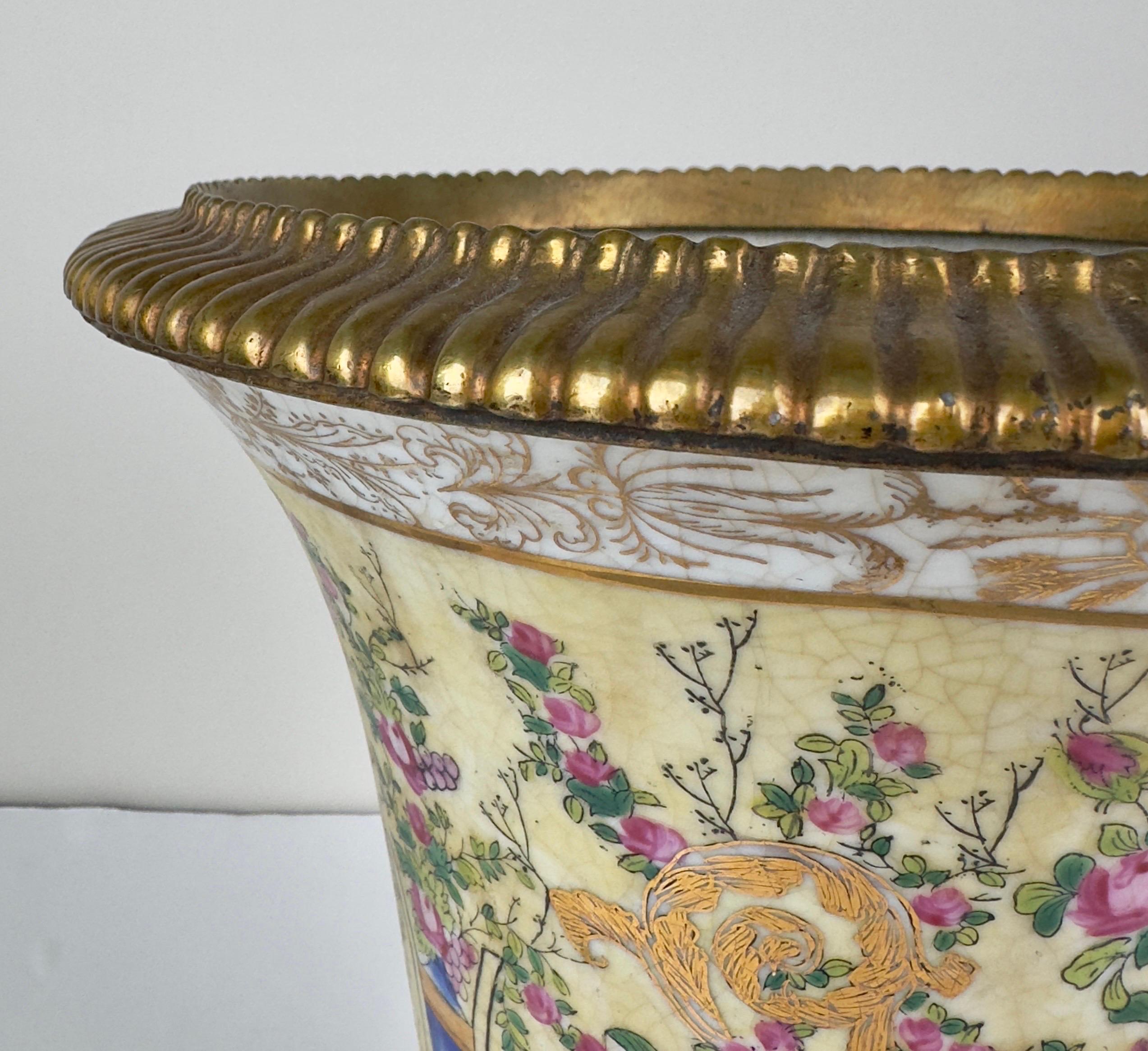 Vintage Chinese Hand-painted Porcelain Vase or Planter with Bronze Base, a Pair For Sale 1