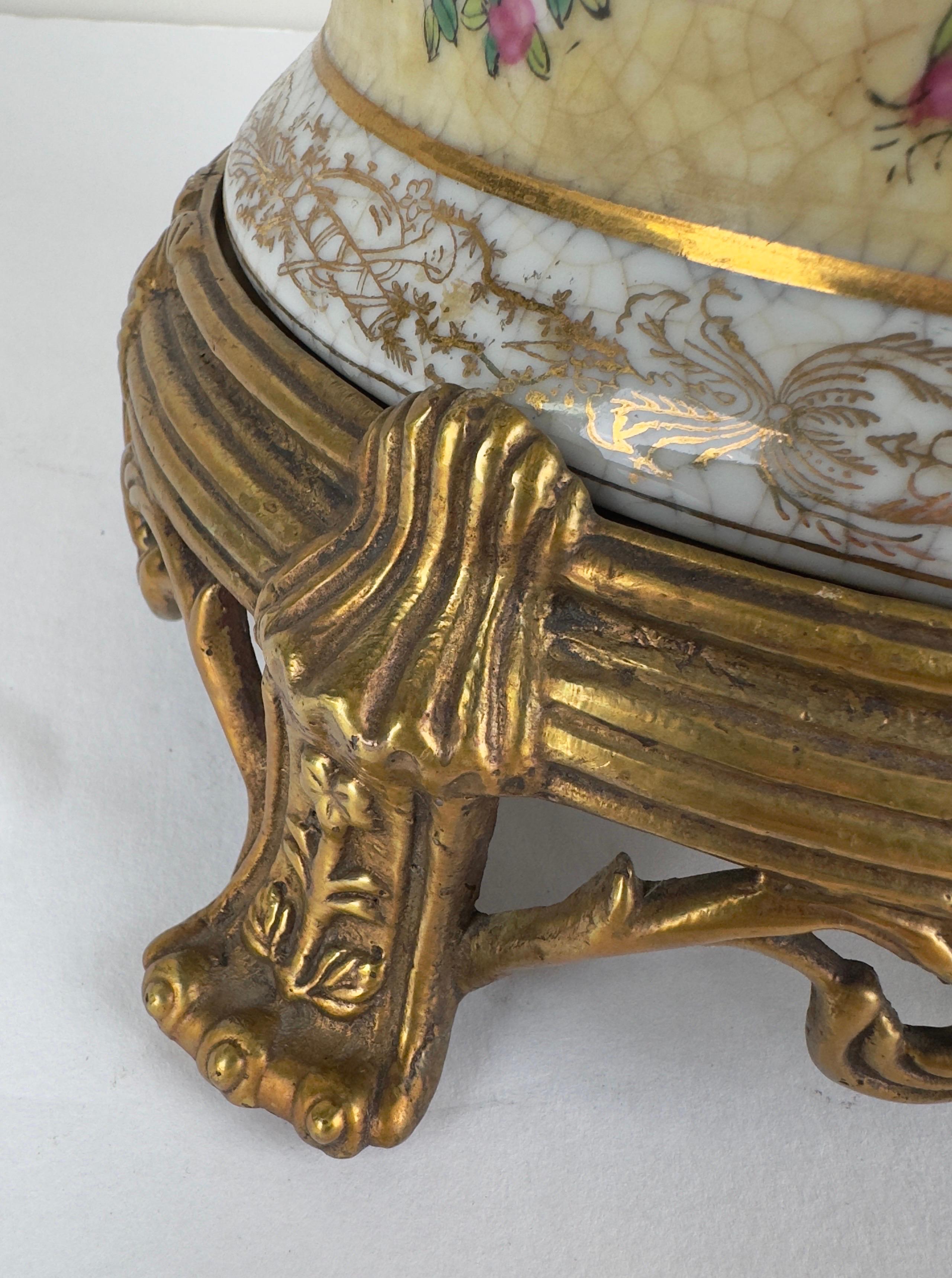 Vintage Chinese Hand-painted Porcelain Vase or Planter with Bronze Base, a Pair For Sale 2