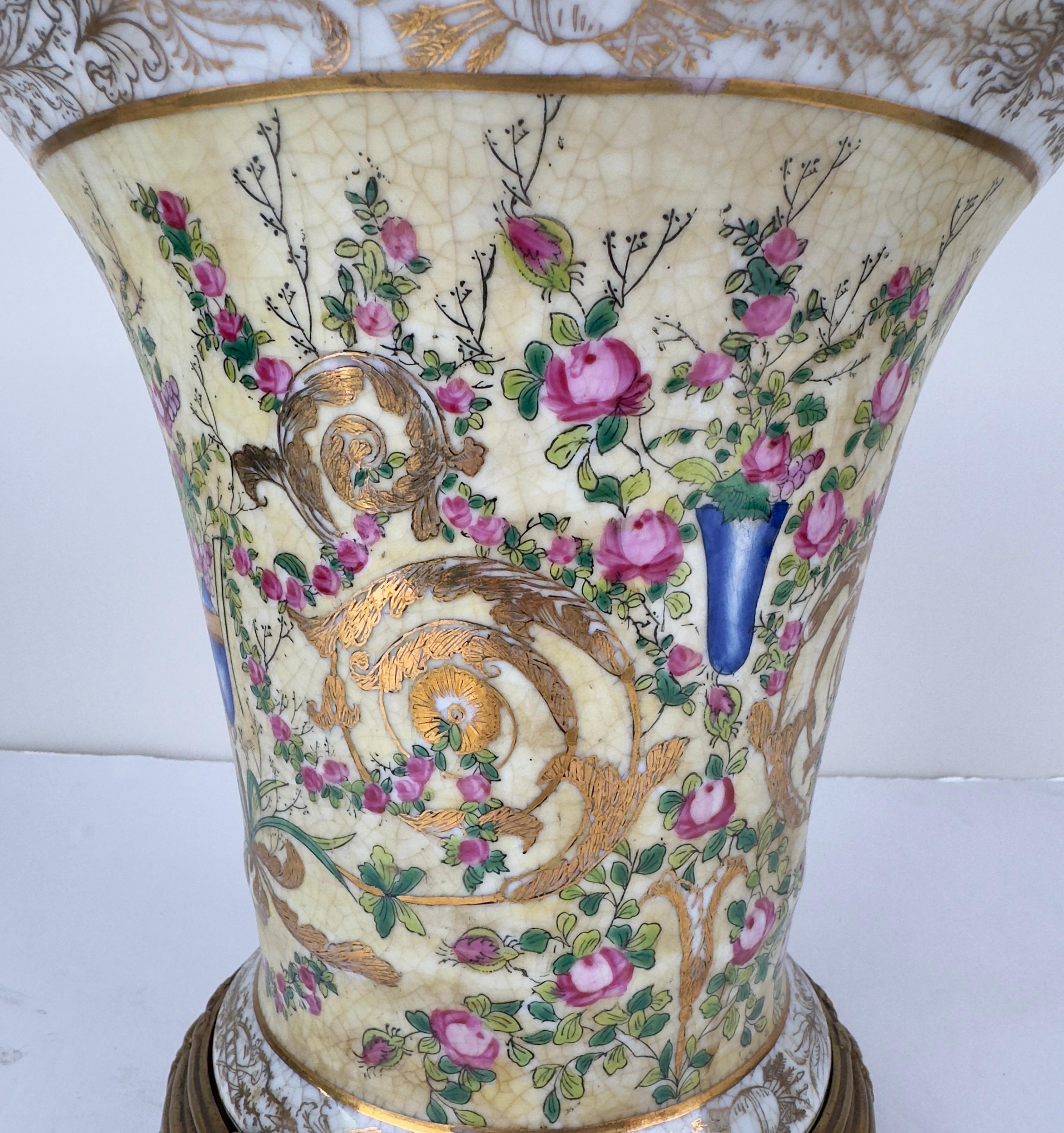 Vintage Chinese Hand-painted Porcelain Vase or Planter with Bronze Base, a Pair For Sale 3
