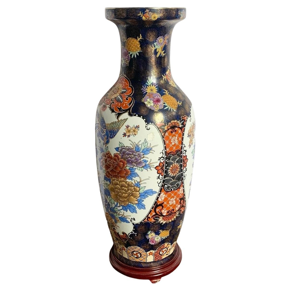 Vintage Chinese Hand Painted Porcelain Vase With Wooden Base