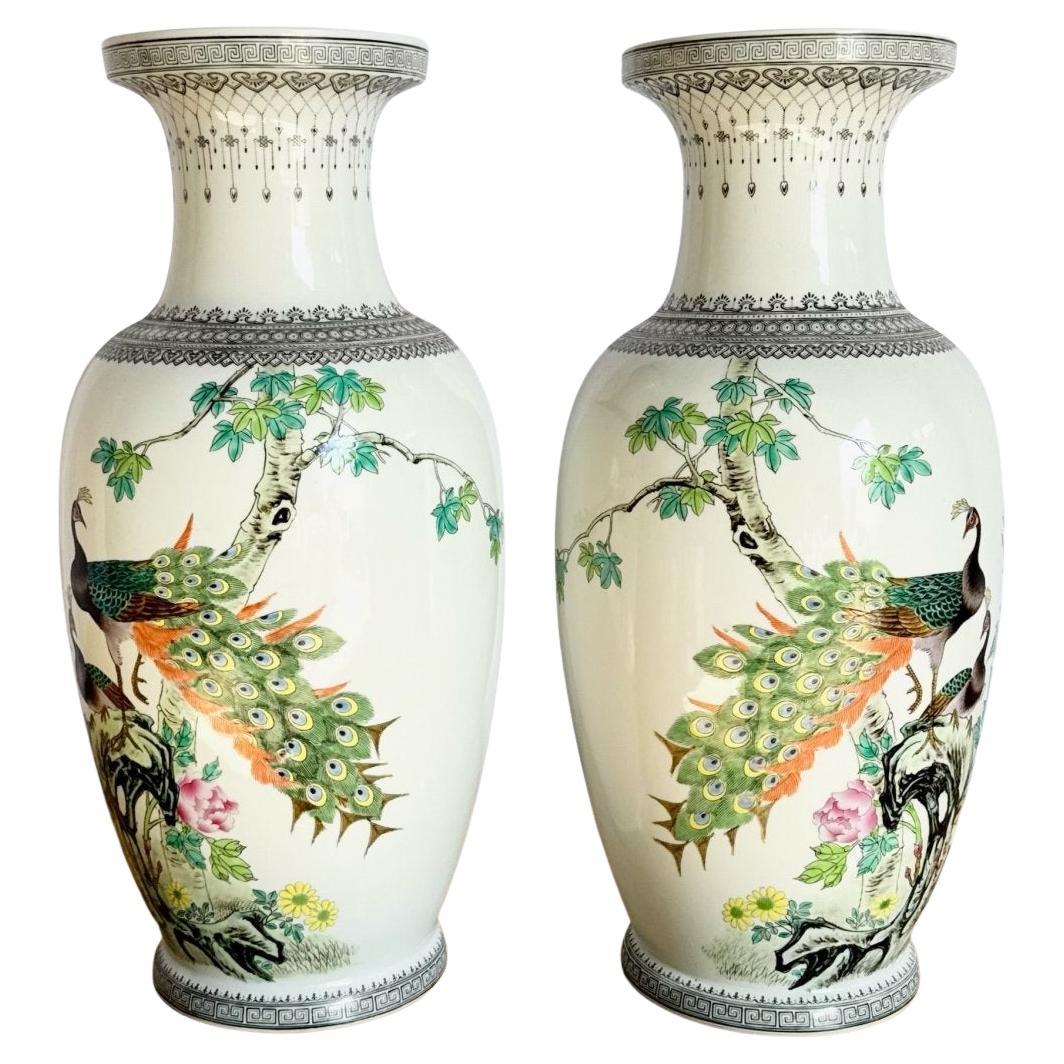 Vintage Chinese Hand Painted Porcelain Vases - A Pair