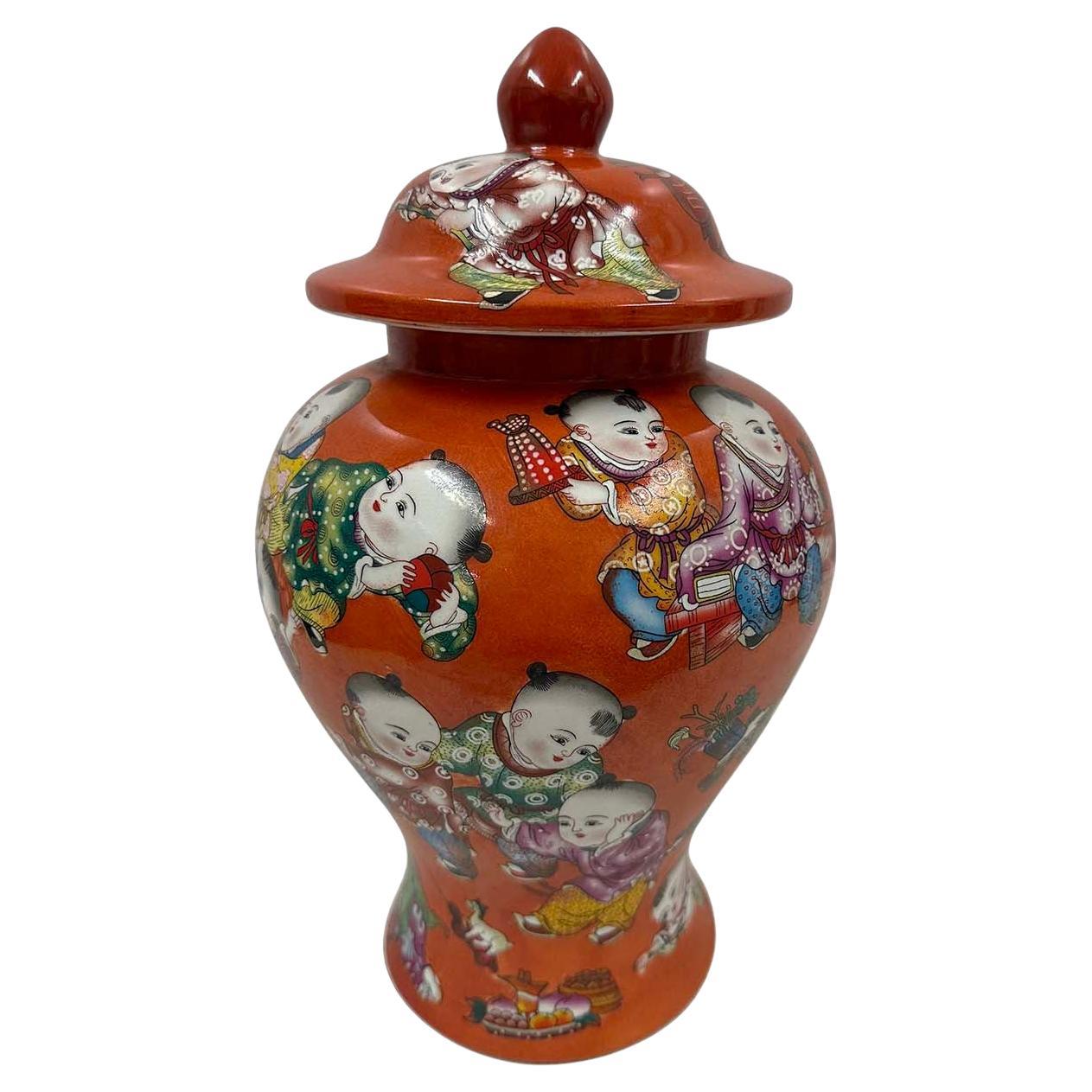Chinesisches handbemaltes Vintage- Ingwerglas aus rotem Porzellan