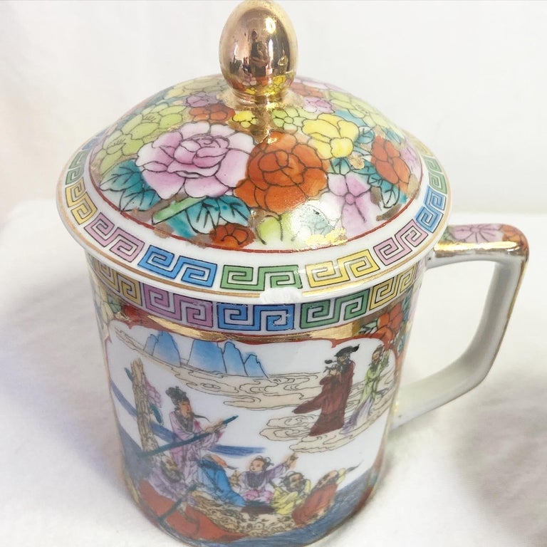 Vintage Chinese Hand Painted Tea Cups/Mugs, a Pair For Sale at 1stDibs