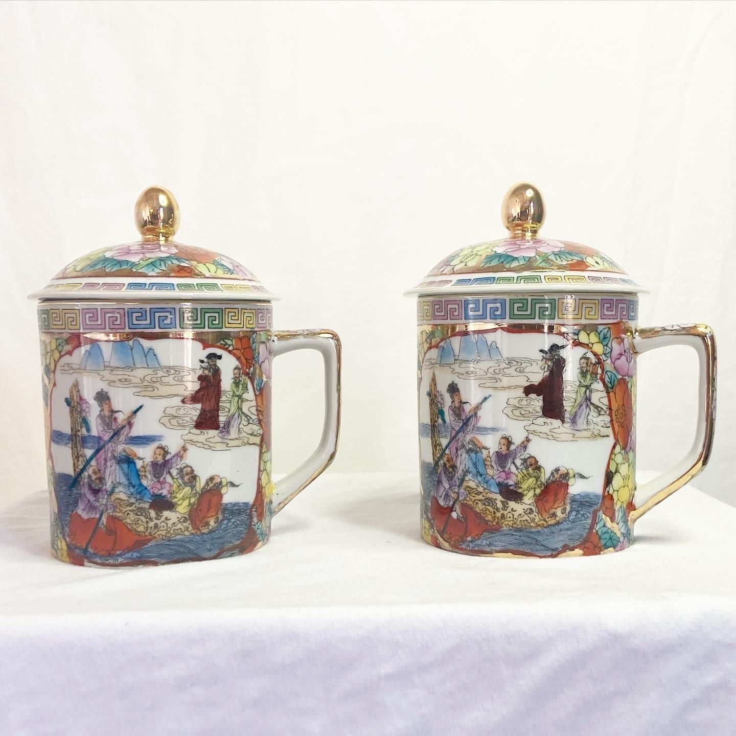 Incredible pair of vintage Chinese tea cups. Each feature a wonderful colorful hand painted depiction of the good ole’ days with a matching lid.