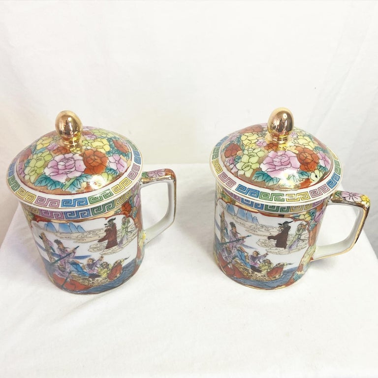 Vintage Chinese Hand Painted Tea Cups/Mugs, a Pair For Sale at 1stDibs