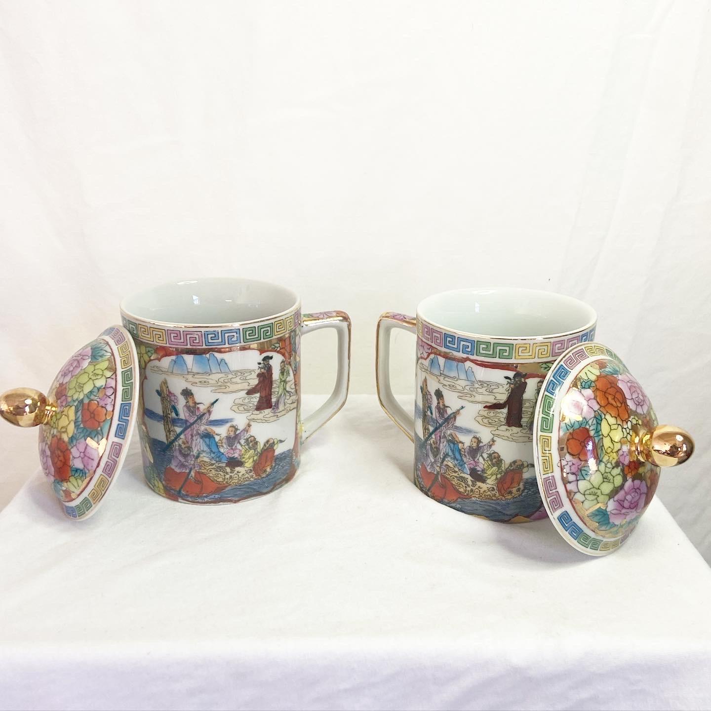 Chinese Export Vintage Chinese Hand Painted Tea Cups/Mugs, a Pair