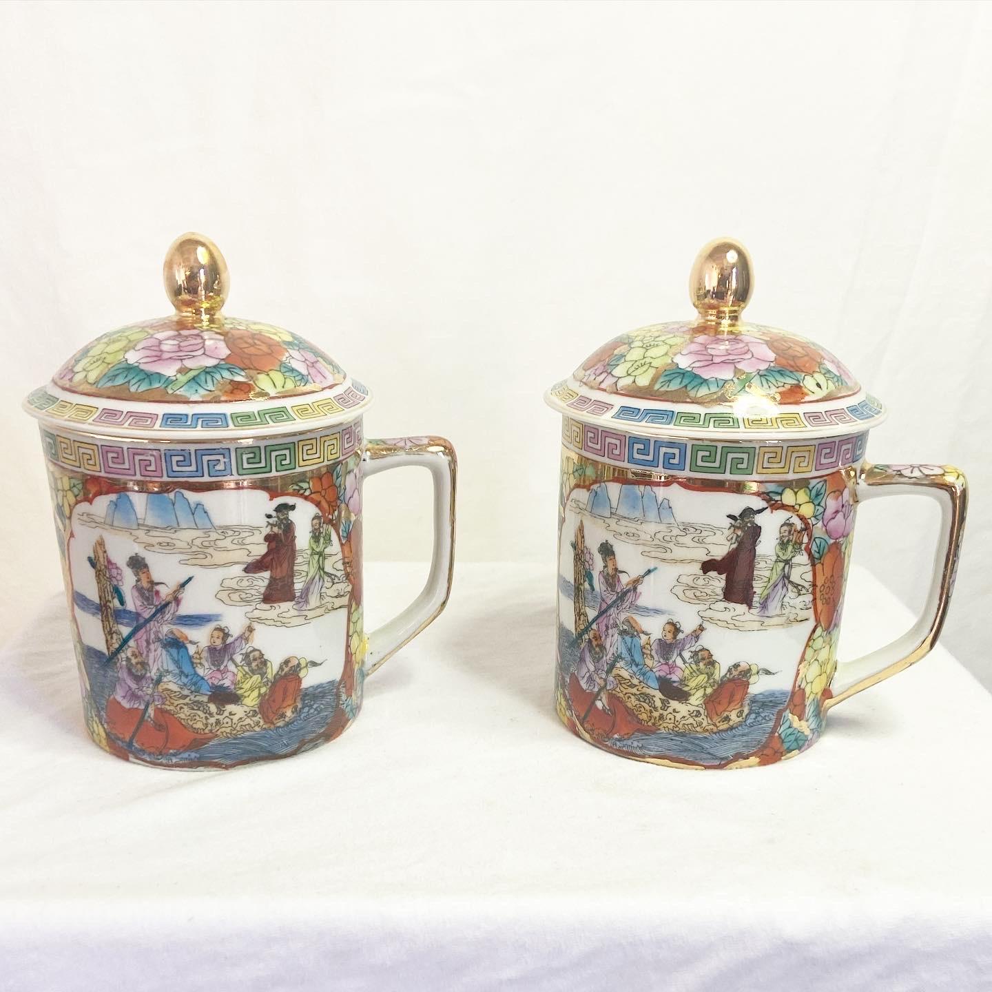 Vintage Chinese Hand Painted Tea Cups/Mugs, a Pair In Good Condition In Delray Beach, FL