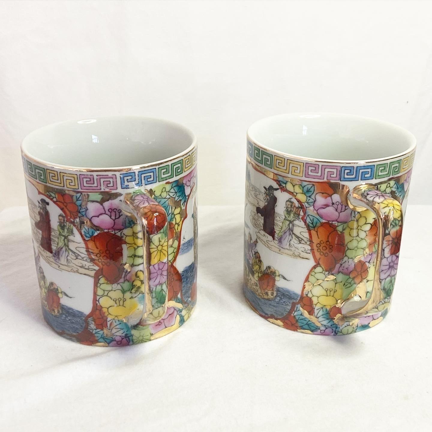 Late 20th Century Vintage Chinese Hand Painted Tea Cups/Mugs, a Pair