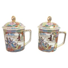 Vintage Chinese Hand Painted Tea Cups/Mugs, a Pair