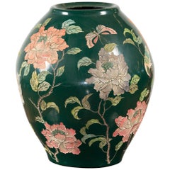 Vintage Chinese Handcrafted Green Vase with Incised Floral and Butterfly Decor