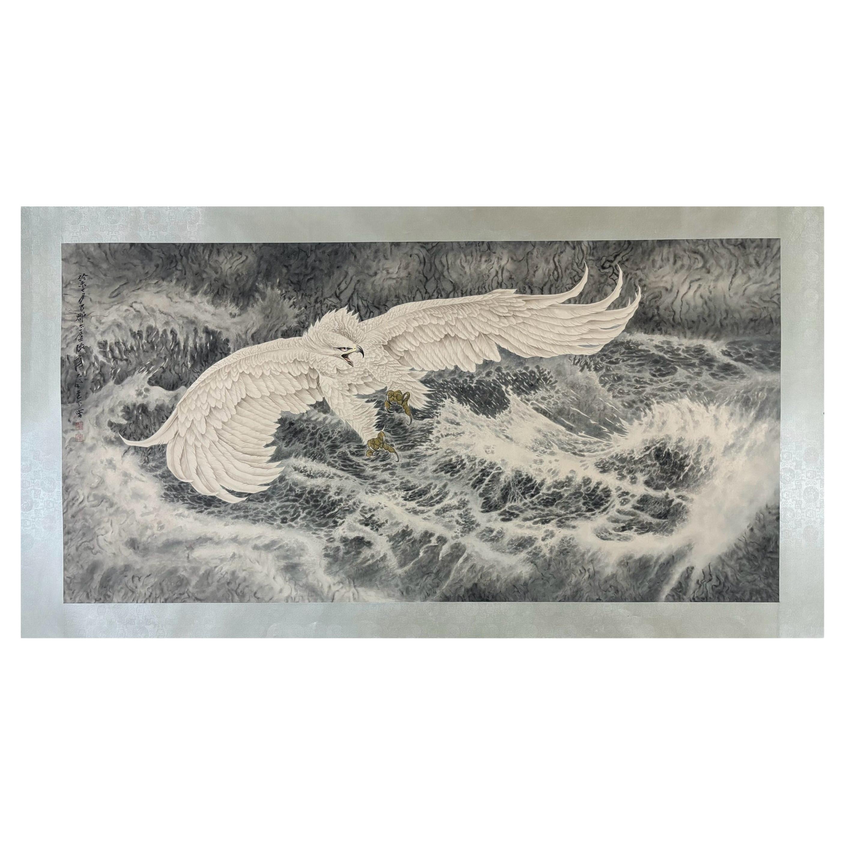 Vintage Chinese Handpainting Flying Eagle Above Sea Scroll - Marked Zhang Daqian