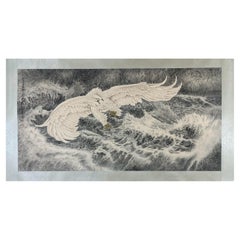 Vintage Chinese Handpainting Flying Eagle Above Sea Scroll - Marked Zhang Daqian