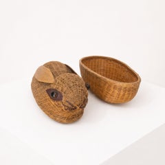 Vintage Chinese Handwoven Rattan Rabbit Basket Decorative Box, 1970s