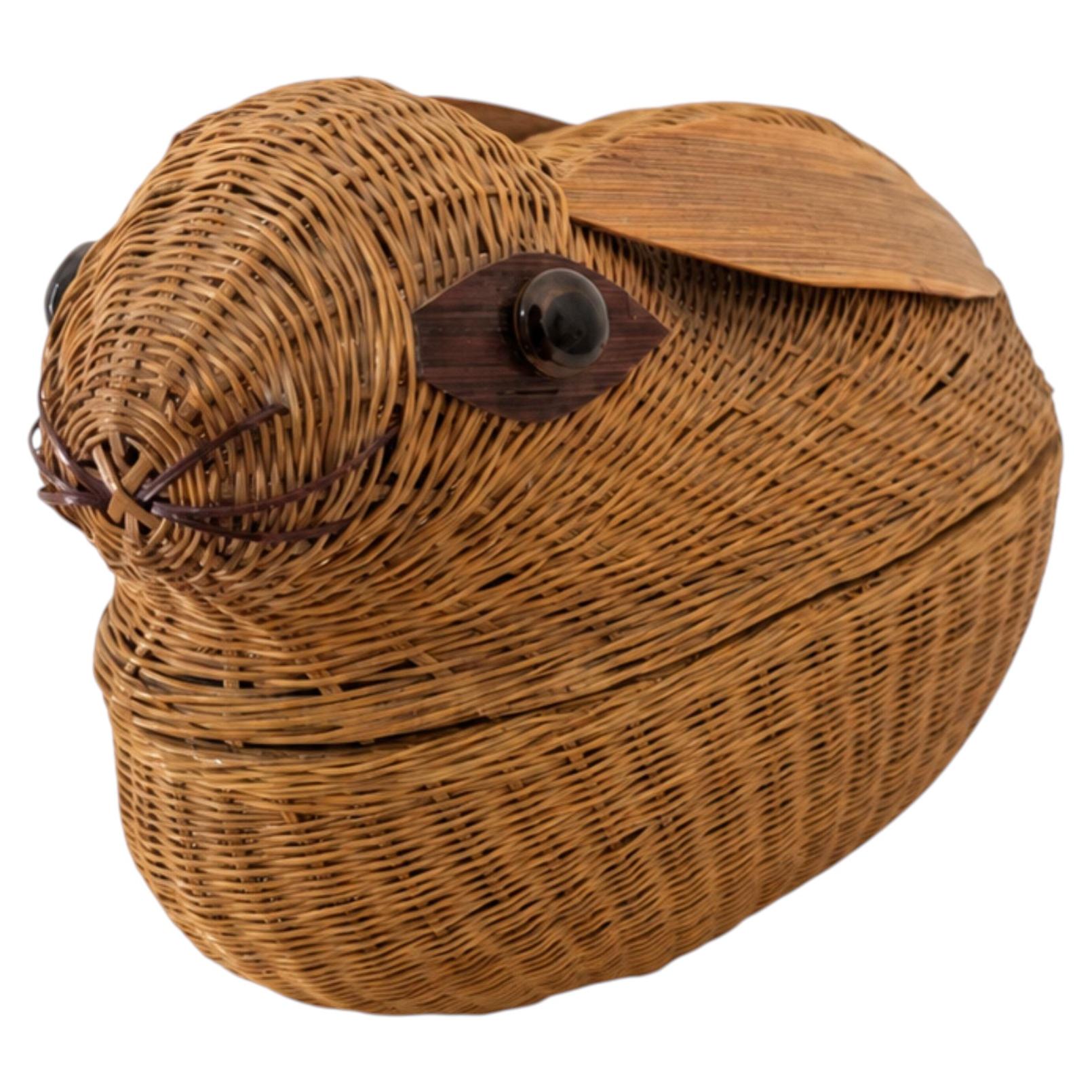 Vintage Chinese Handwoven Rattan Rabbit Basket Decorative Box, 1970s