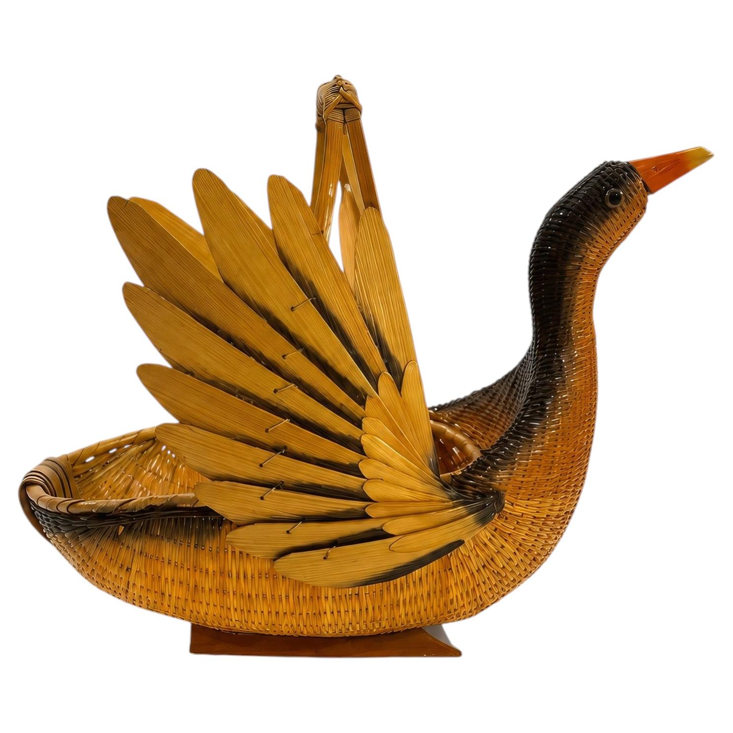 Vintage Chinese Handwoven Wicker Swan Basket, Mid 20th Century