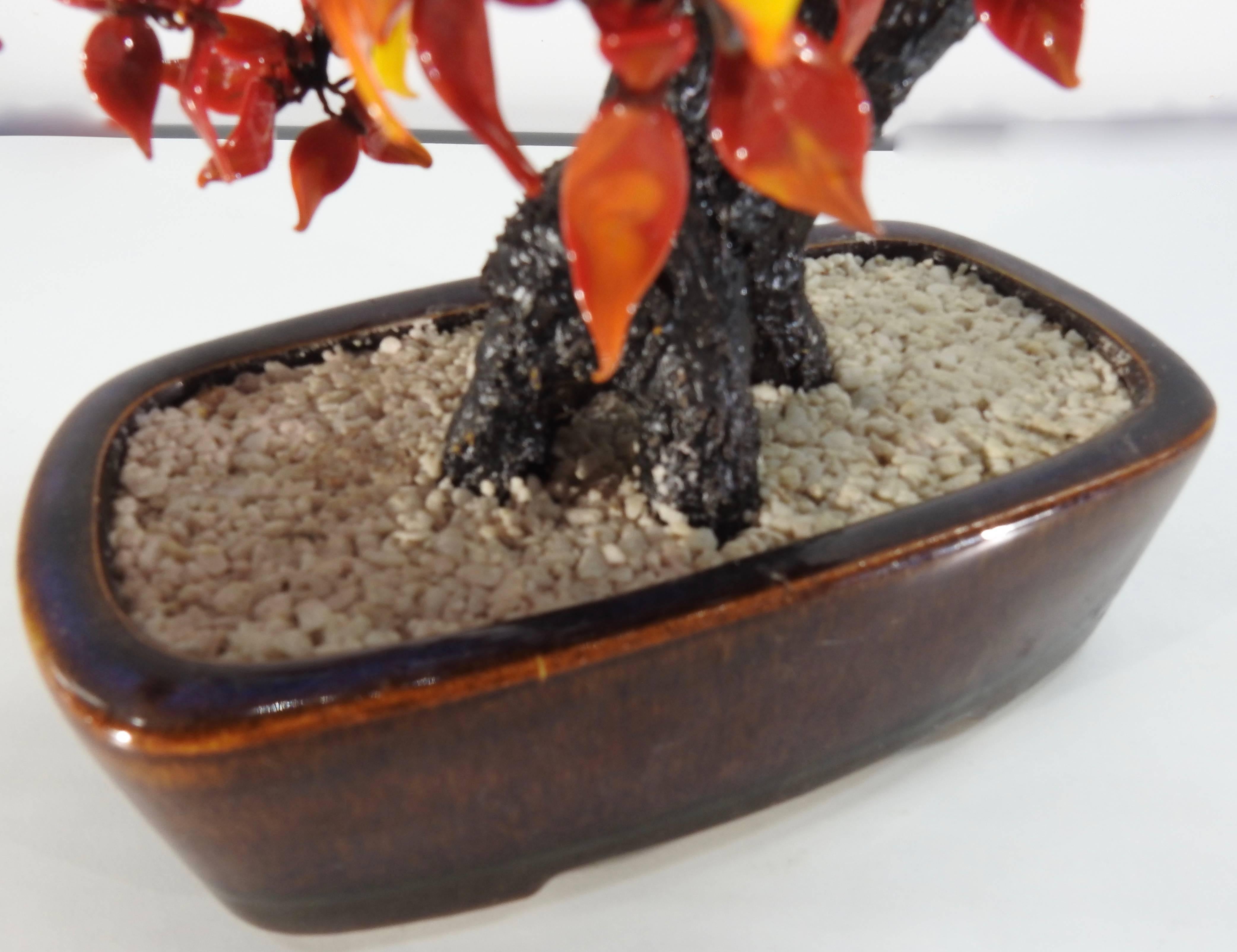 Chinese Polished Glass Leaves on Bonsai Tree Vintage In Good Condition For Sale In Cookeville, TN