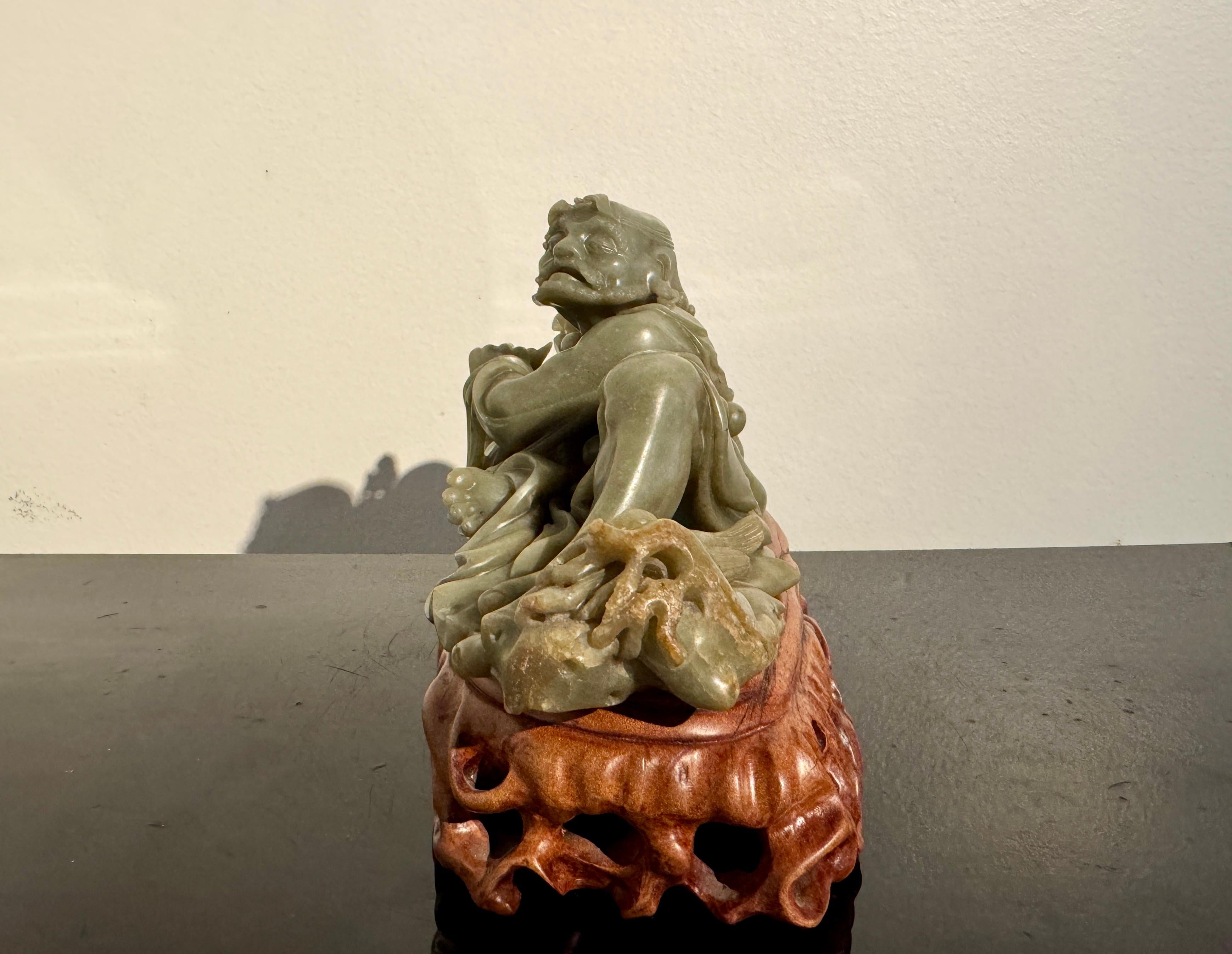 Hand-Carved Vintage Chinese Hardstone Carving of Damo, Early to Mid 20th Century, China For Sale