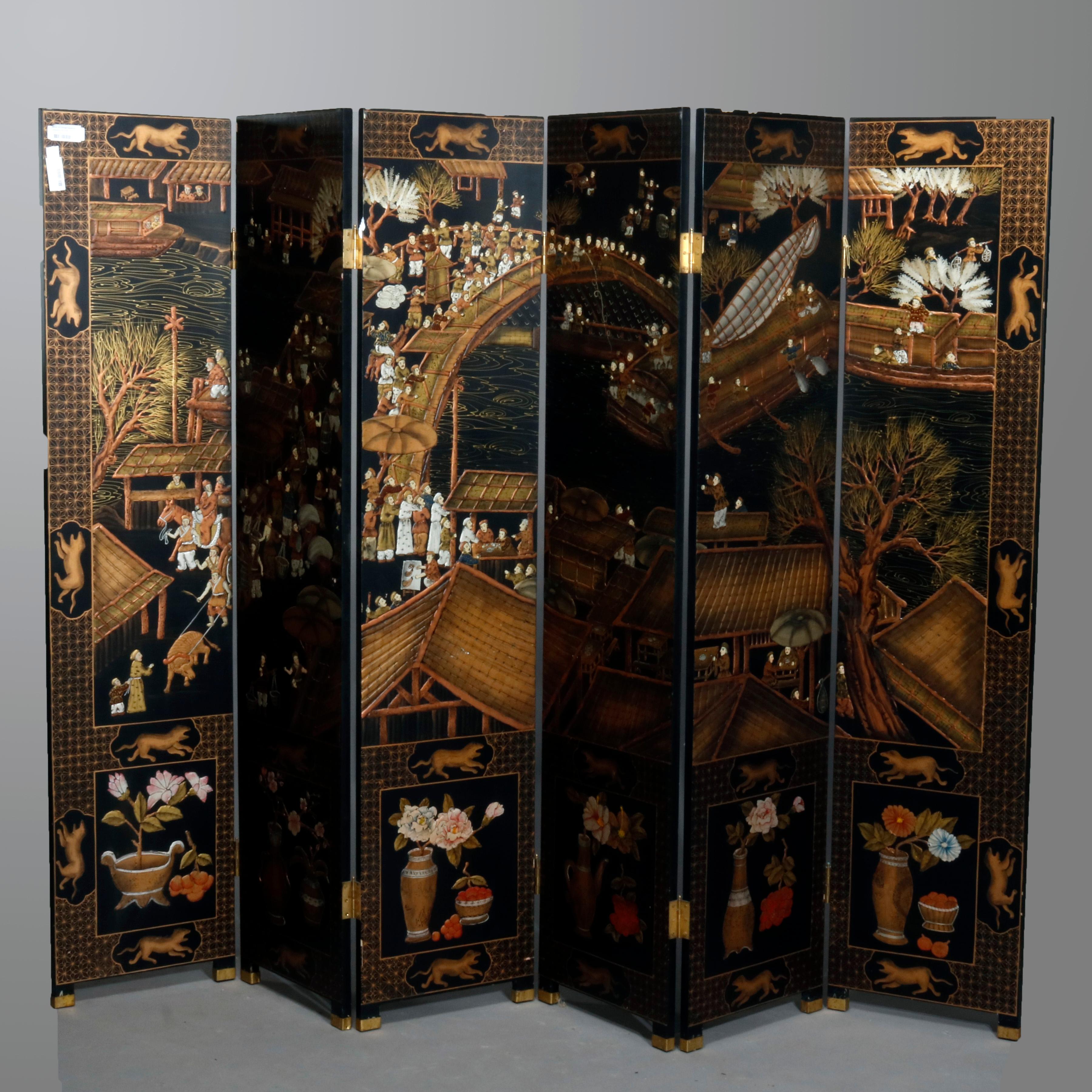 Chinese Hardstone Chinoiserie Decorated Oriental 6 Panel Screen, 20th Century 7