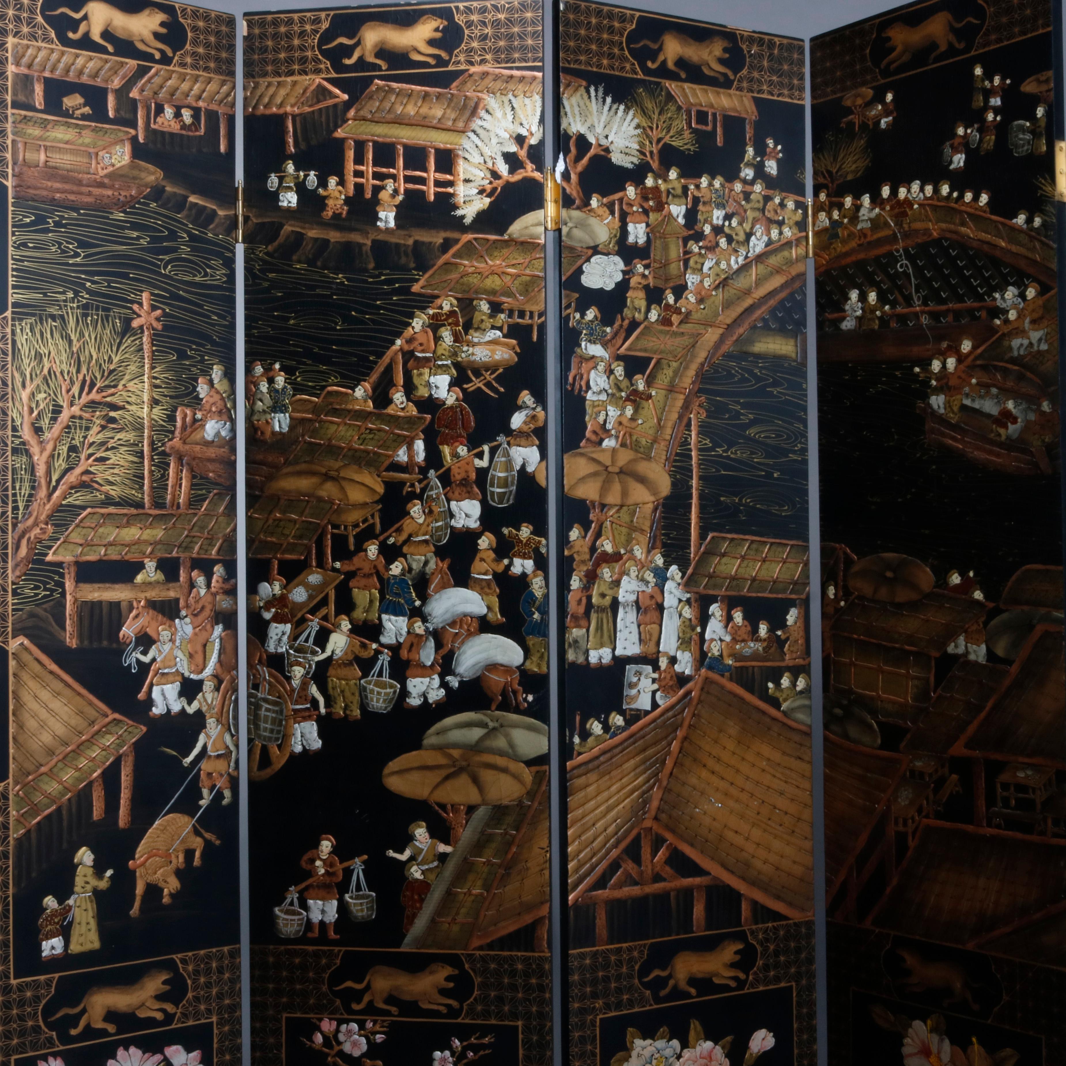 A vintage Chinese chinoiserie decorated room dividing screen offers ebonized black lacquer finish with village landscape scene with figures, pagoda structures and bridge with hardstone highlights, en verso gilt foliate decorated, 20th