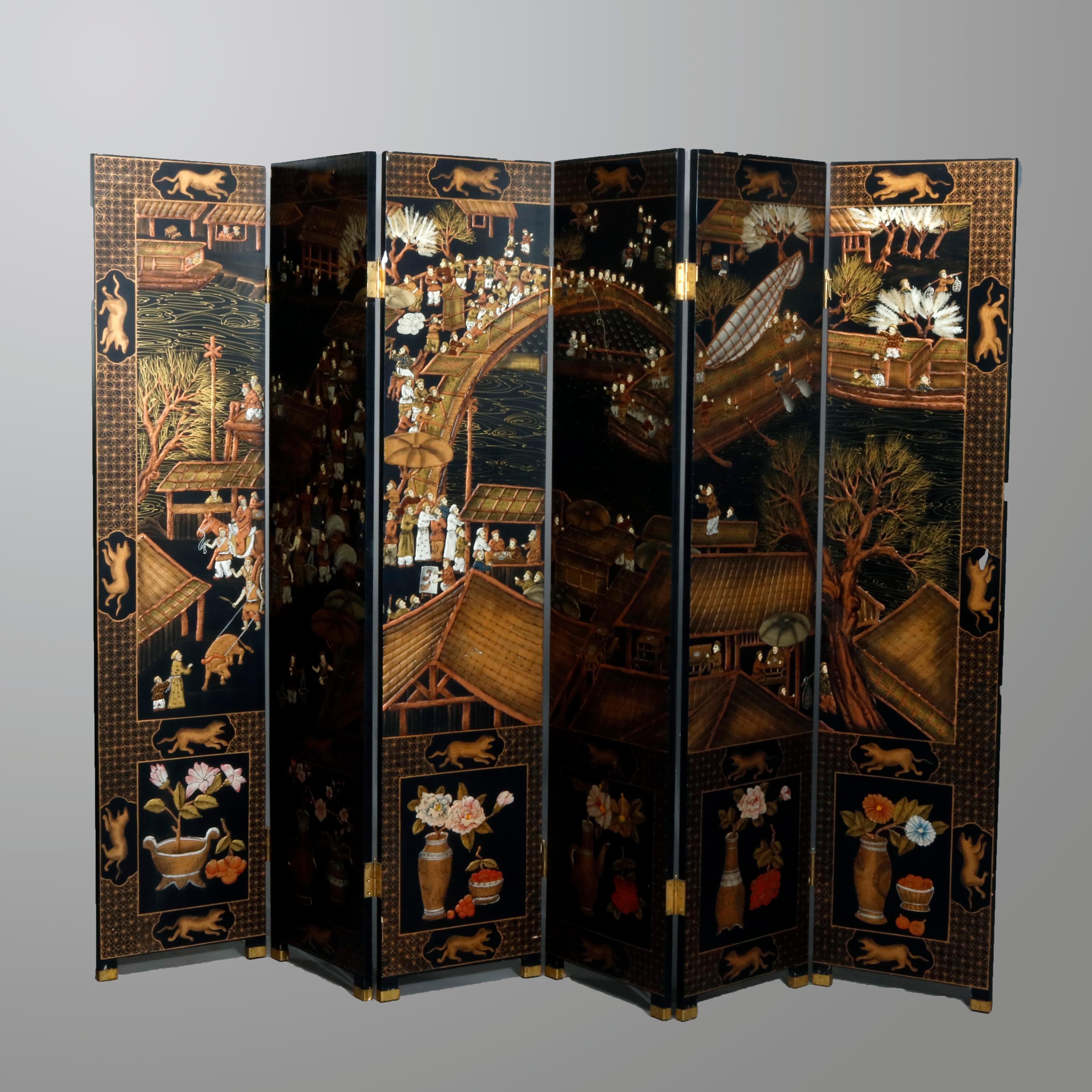 Chinese Hardstone Chinoiserie Decorated Oriental 6 Panel Screen, 20th Century 1