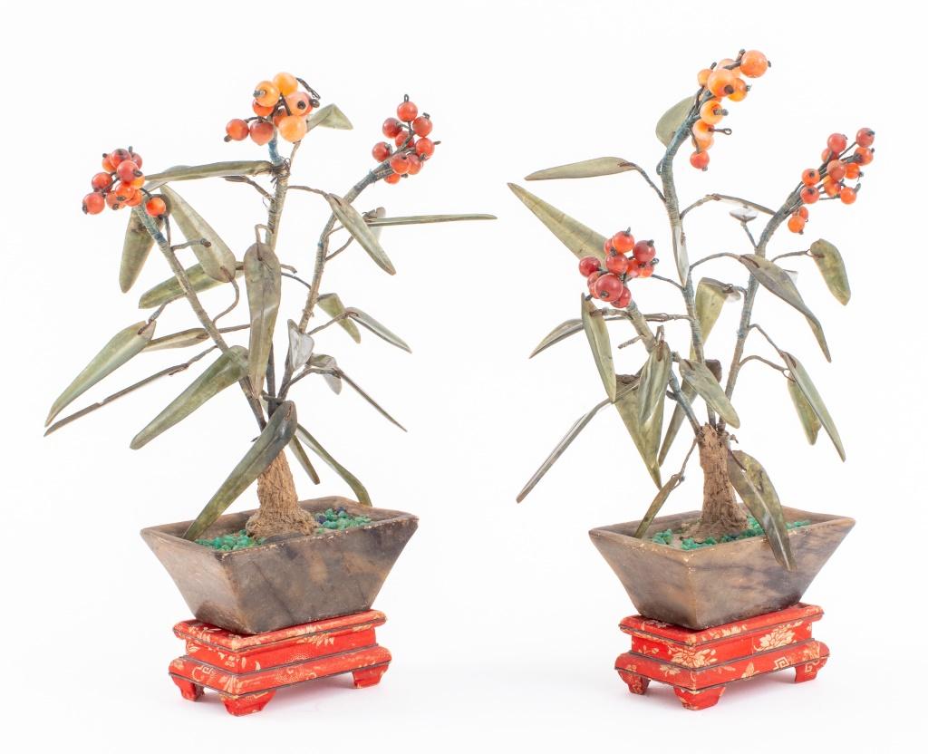 Asian Vintage Chinese Hardstone Sea Buckthorn Bushes, Pair For Sale