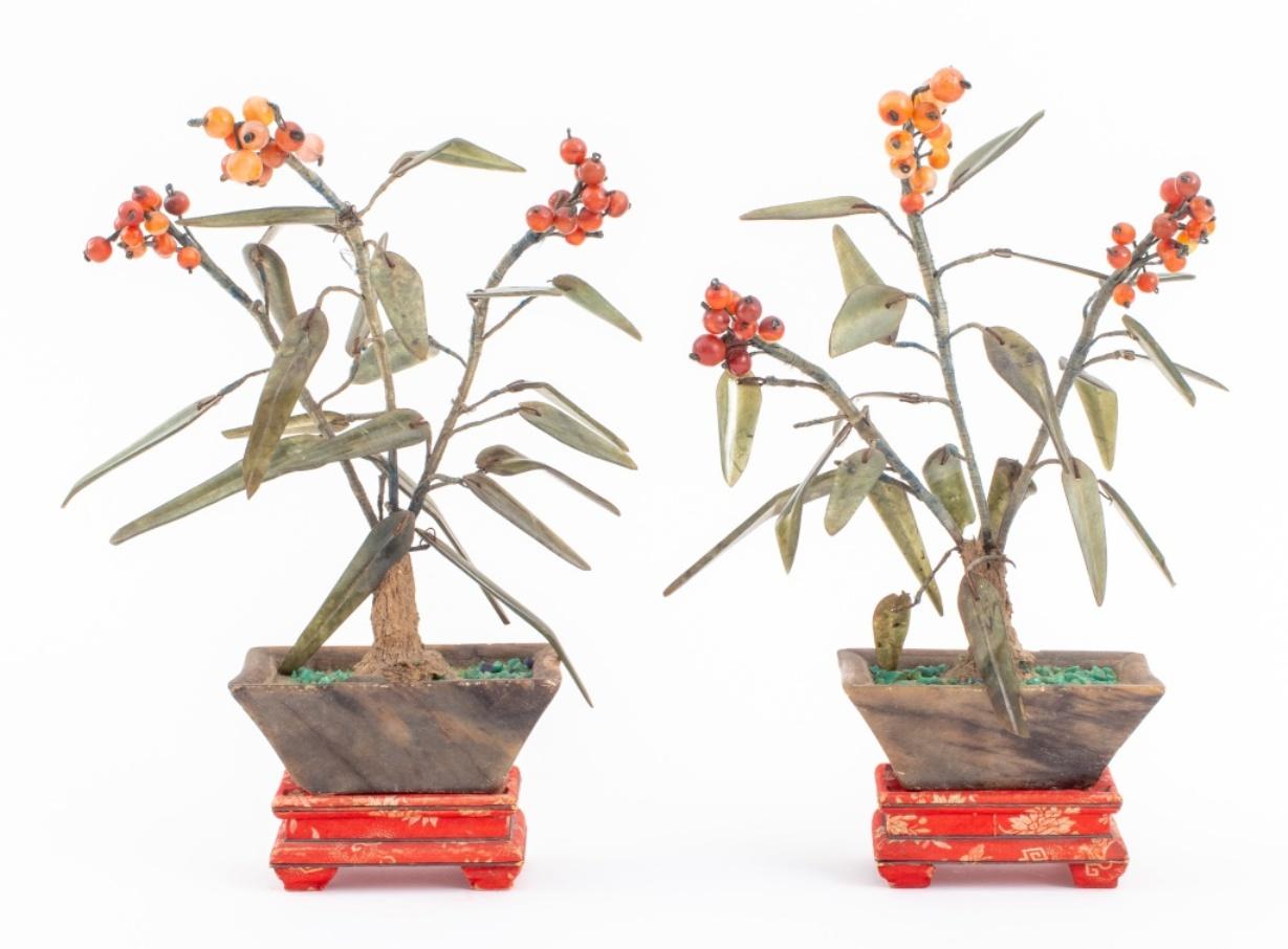 Vintage Chinese Hardstone Sea Buckthorn Bushes, Pair In Good Condition For Sale In New York, NY