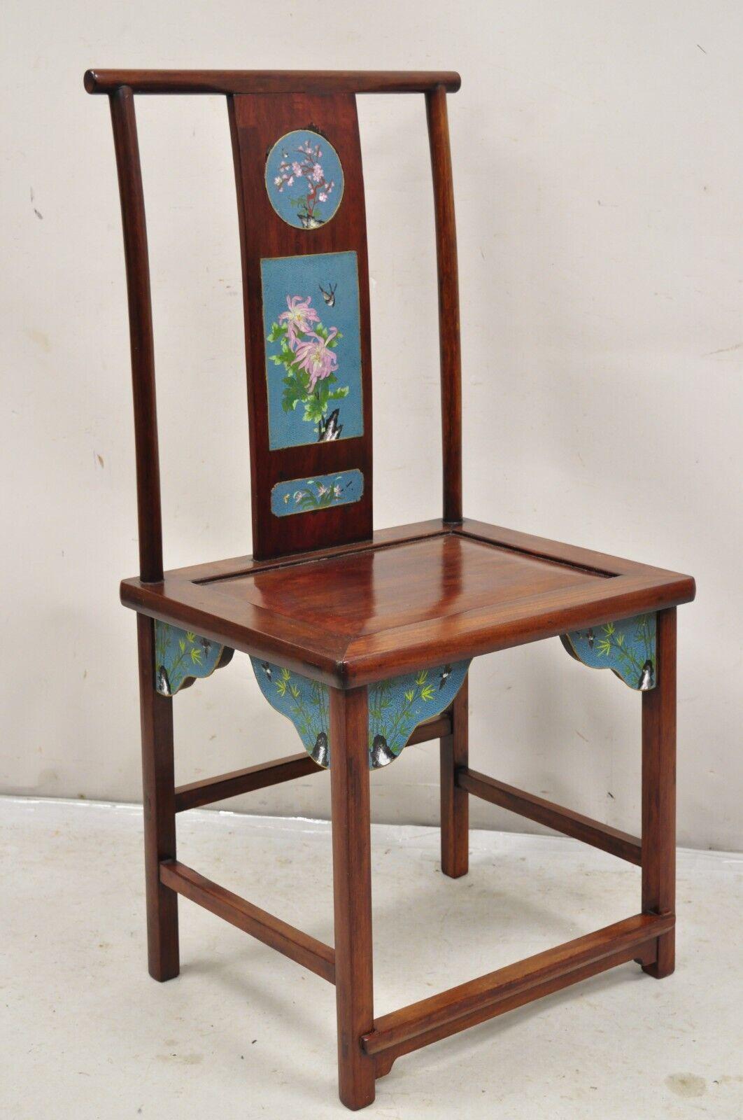 Vintage Chinese Hardwood Blue Cloisonné Enamel High Back Oriental Side Chair For Sale 5